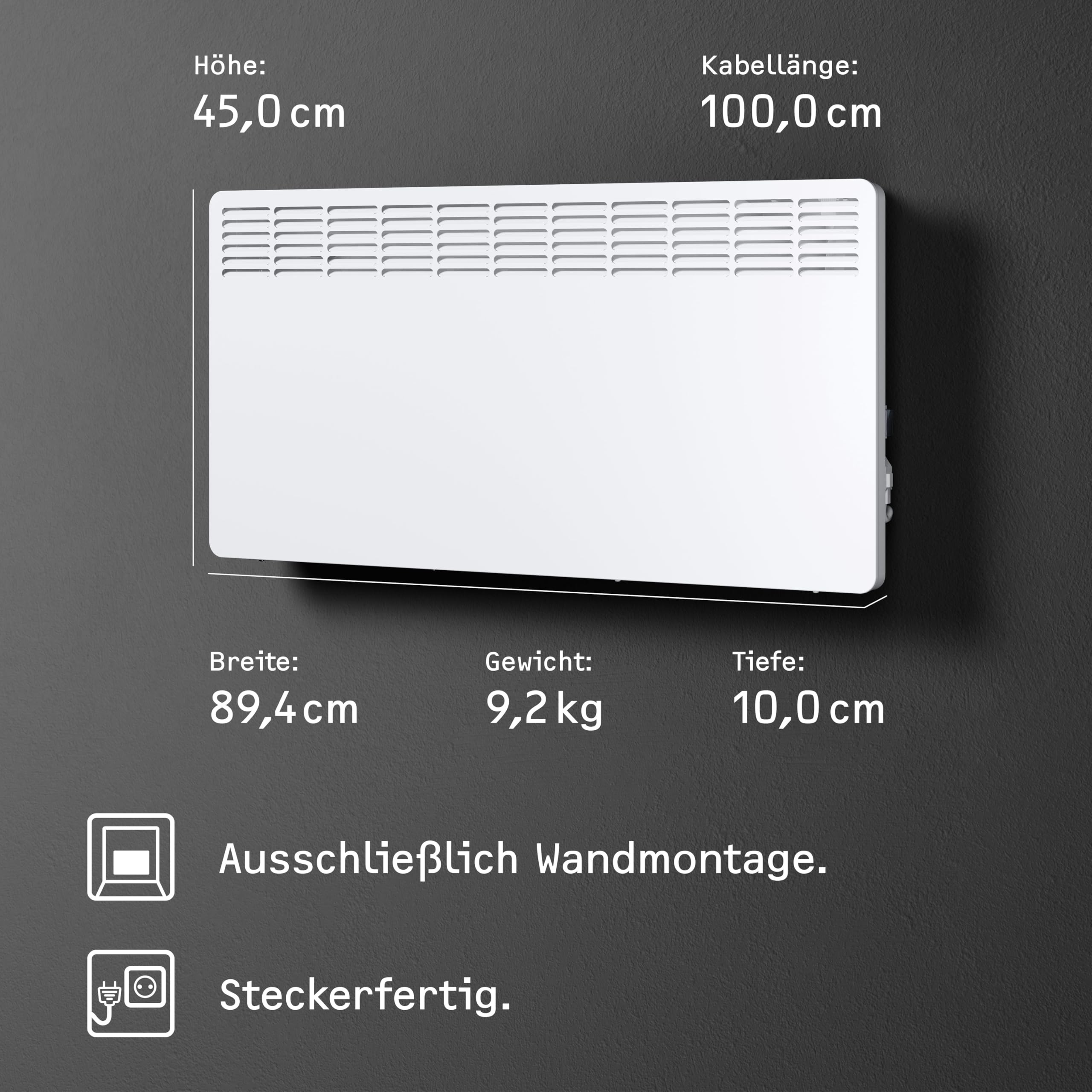 STIEBEL ELTRON Konwektor ścienny CNS 250 Trend, 2,5 kW na ok. 30 m², certyfikat TÜV, wyświetlacz LCD, timer tygodniowy, energooszczędne ogrzewanie elektryczne, montaż ścienny, z wtyczką, 236529