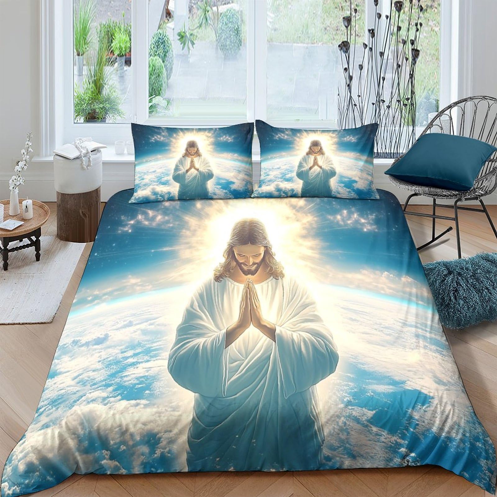 Ctjqhvkz Style-10 3D Printed Sacred Light Fitted Sheet Microfiber Heavenly Jesus Art Mattress Cover For Bedroom Dorm Home Decor Single（135X200cm）