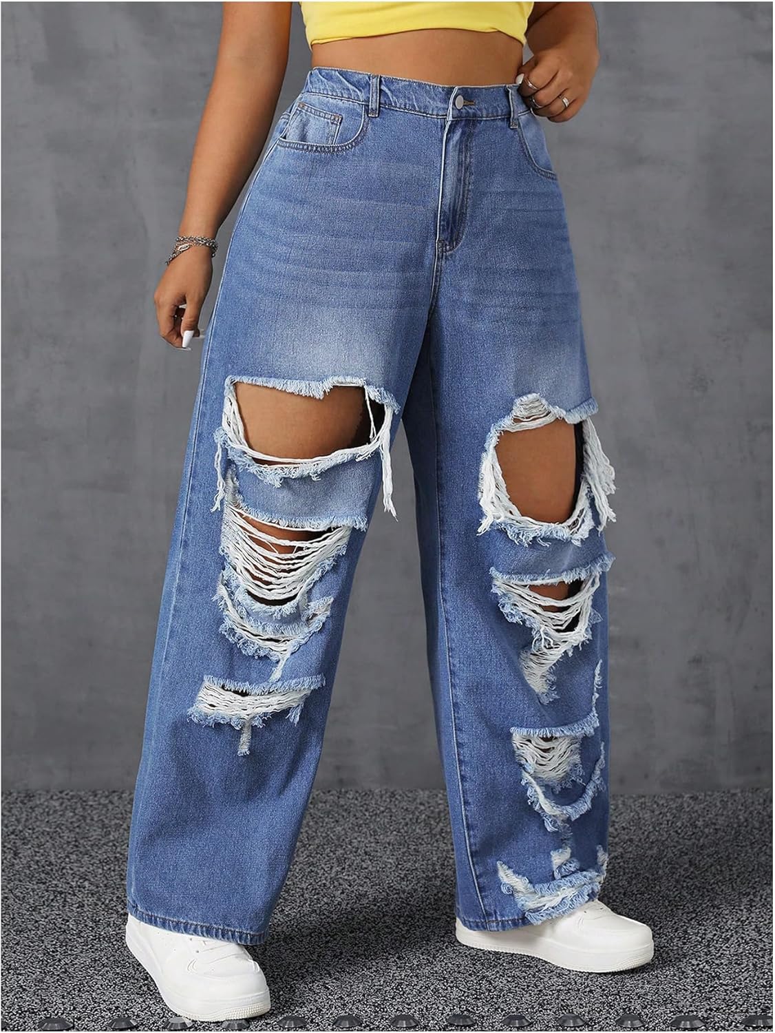 Floerns Women's Plus Size High Waist Distressed Jeans Straight Leg Casual Loose Denim Pants - Image 5