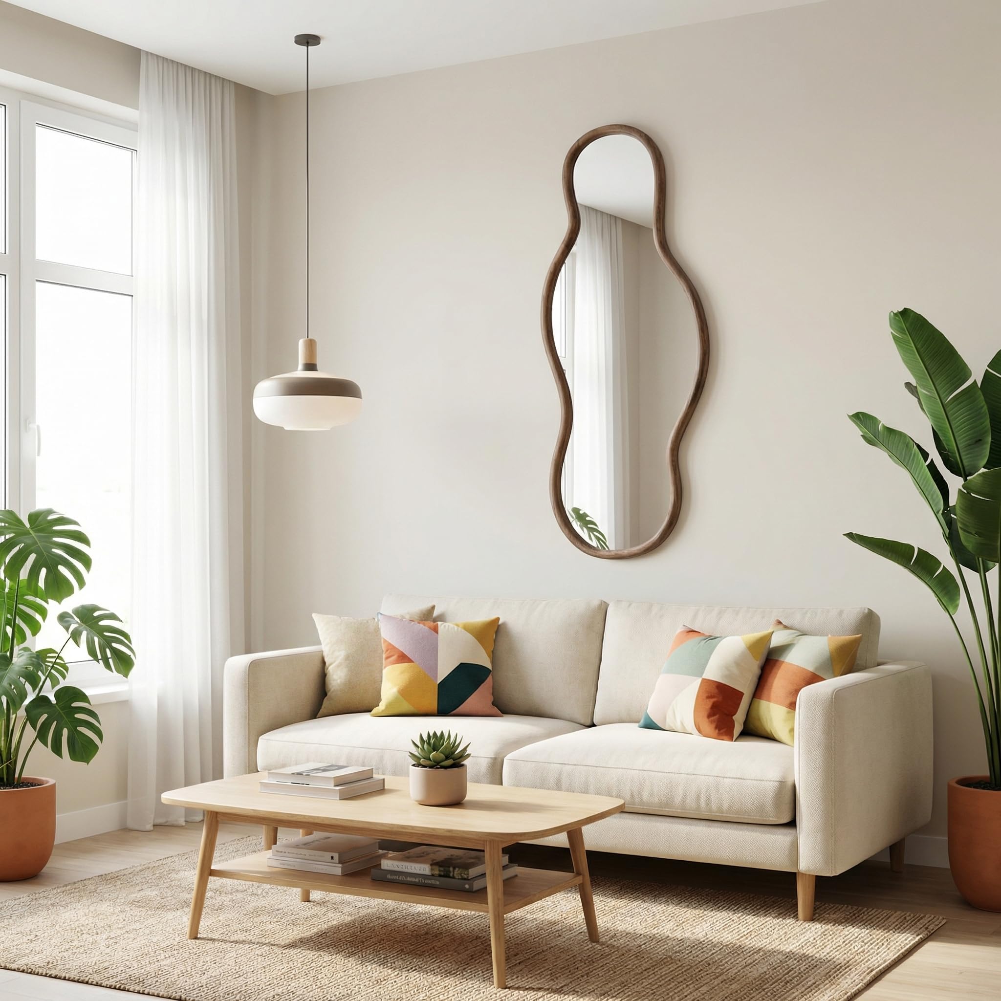Espejos asimétricos, 105 × 40 cm Espejo de Pared Irregular, Espejo de Cuerpo Entero con Marco de Madera, Espejos en Forma de Nubes Decoración de Salones, Habitaciones, pasillos (105×40cm)