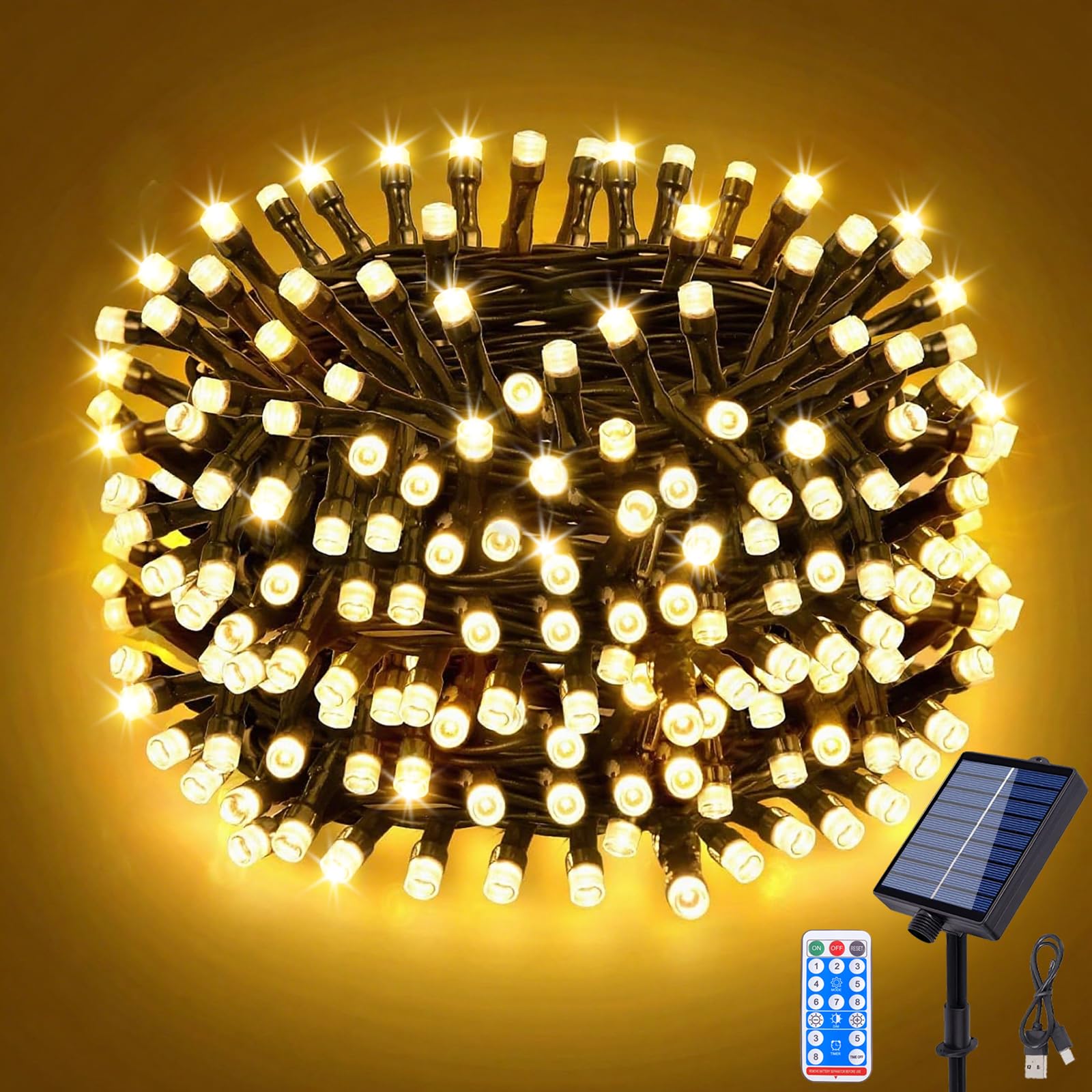 ZCLIKEU Outdoor Solar Fairy Lights, 30 m, 300 LEDs, Warm White, 8 Modes, Waterproof, Solar Fairy Lights, Outdoor with Timer, Remote Control & USB, for Garden Decoration, Patios, Weddings, Balconies