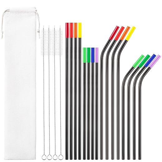 Reusable Stainless Steel Straws -16 Pack 10.5" & 8.5" Reusable Straws with 4 Straw Cleaner Brush and 16 Silicone Tips with 1 Travel Case, Eco Friendly Extra Long Metal Straws for 20 24 30 oz Tumbler
