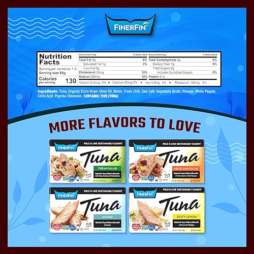 Miniatura 8 de Ensalada de atún de aleta amarilla FinerFin en aceite de oliva orgánico, sabor a chile picante  pescado de atún enlatado premium con EVOO  filetes