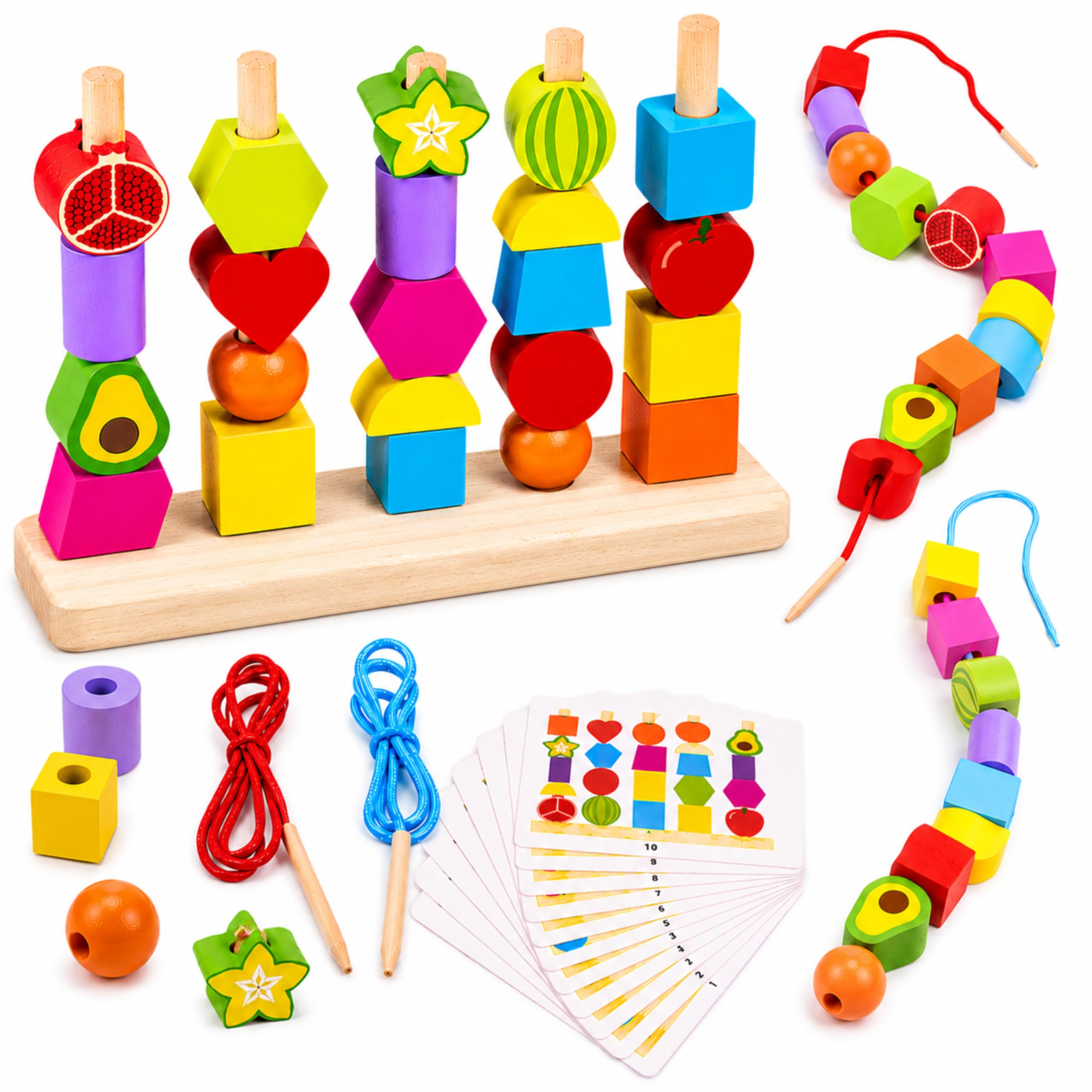 THANU TOYS 2 in 1 Montessori Wooden Beads Sequencing Set for 2+ Year Old | Stacking Lacing Blocks, Shape Matching,Early Activity Play with Pattern Cards