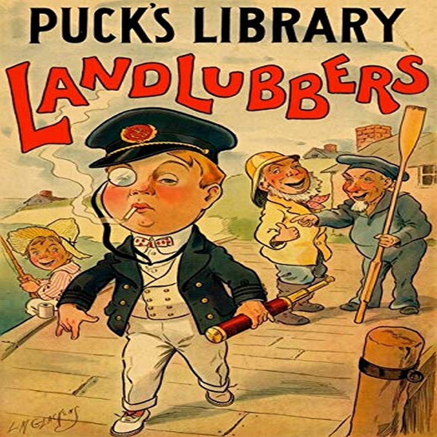 Amazon.com: Two old salts laugh at a young man walking over a quay smoking  a cigarette wearing a monocle holding a telescope and wearing a captains  hat A boy fishes off the