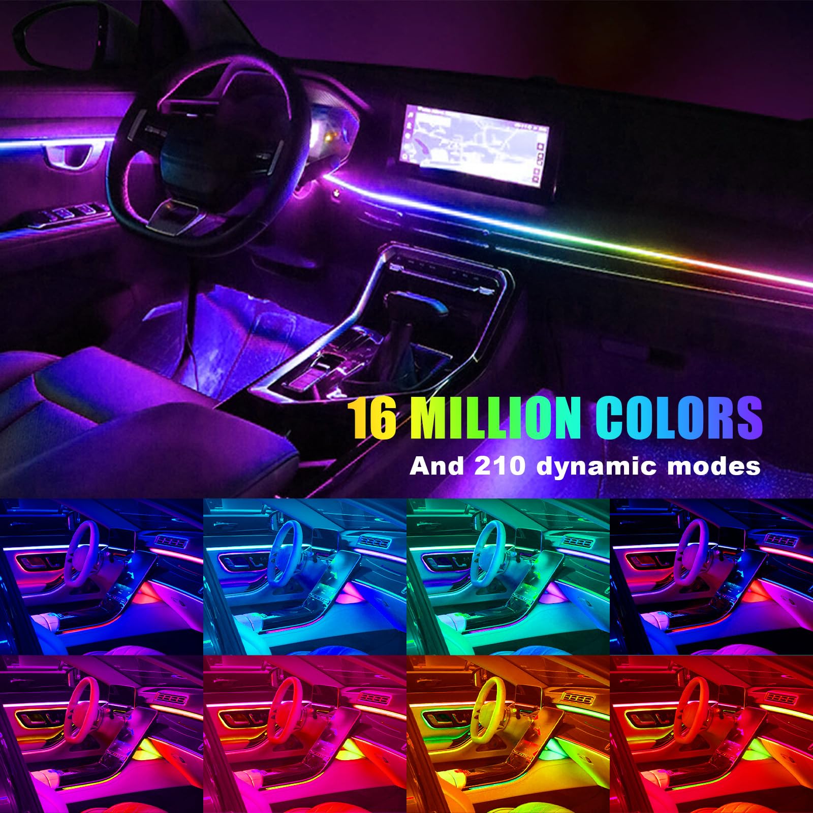 110CM LED Coche, Lluminación Led para Interior de Coche con USB, Car Ambient Lights 210 modos intermitentes, 16 Millones de Colores de DIY con Modo de Escena y Música