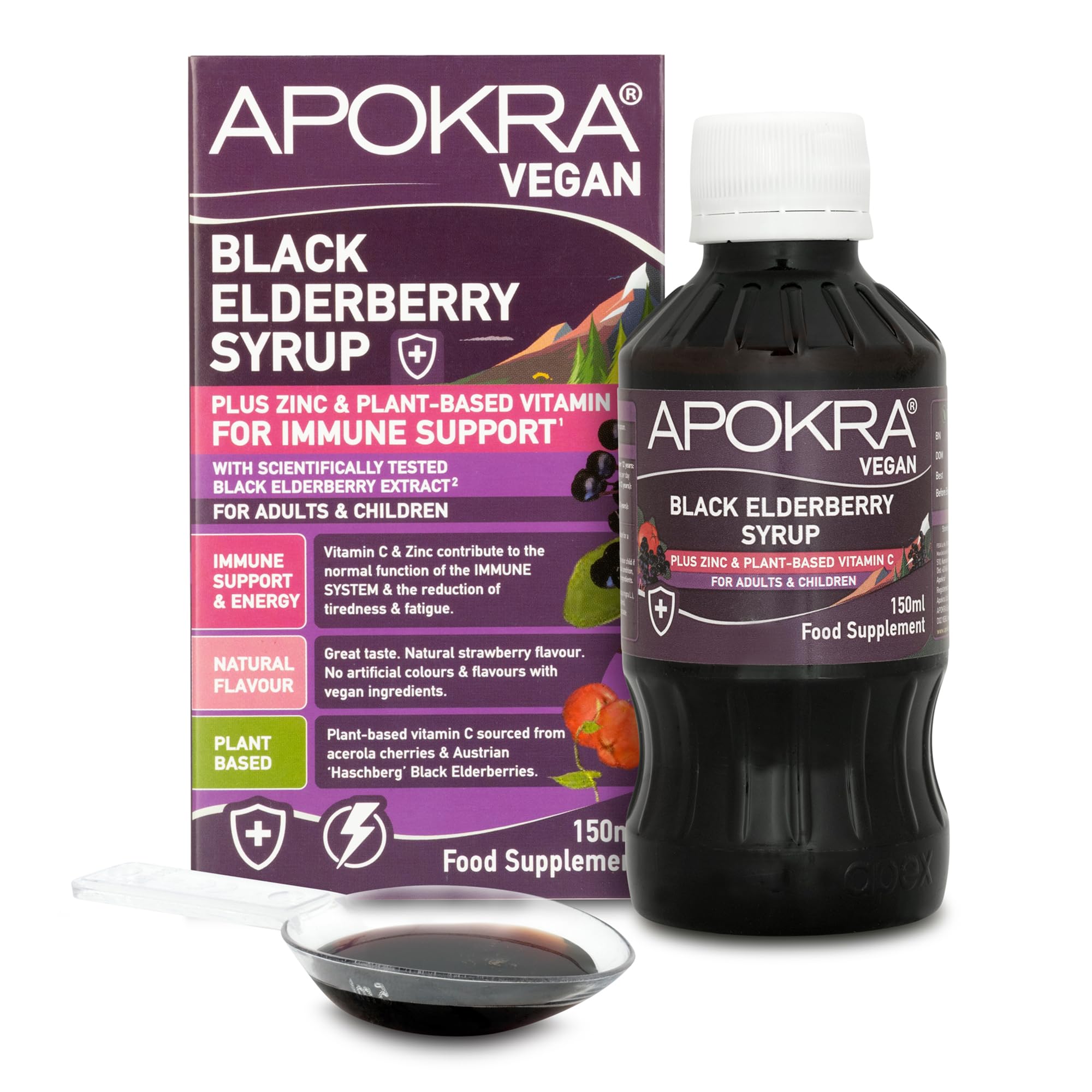 Elderberry Syrup, Acerola Cherry Vitamin C and Zinc for Adults & Kids | Immune System Booster | Natural Strawberry Flavour | Vegan | Plant Based VIT C | APOKRA