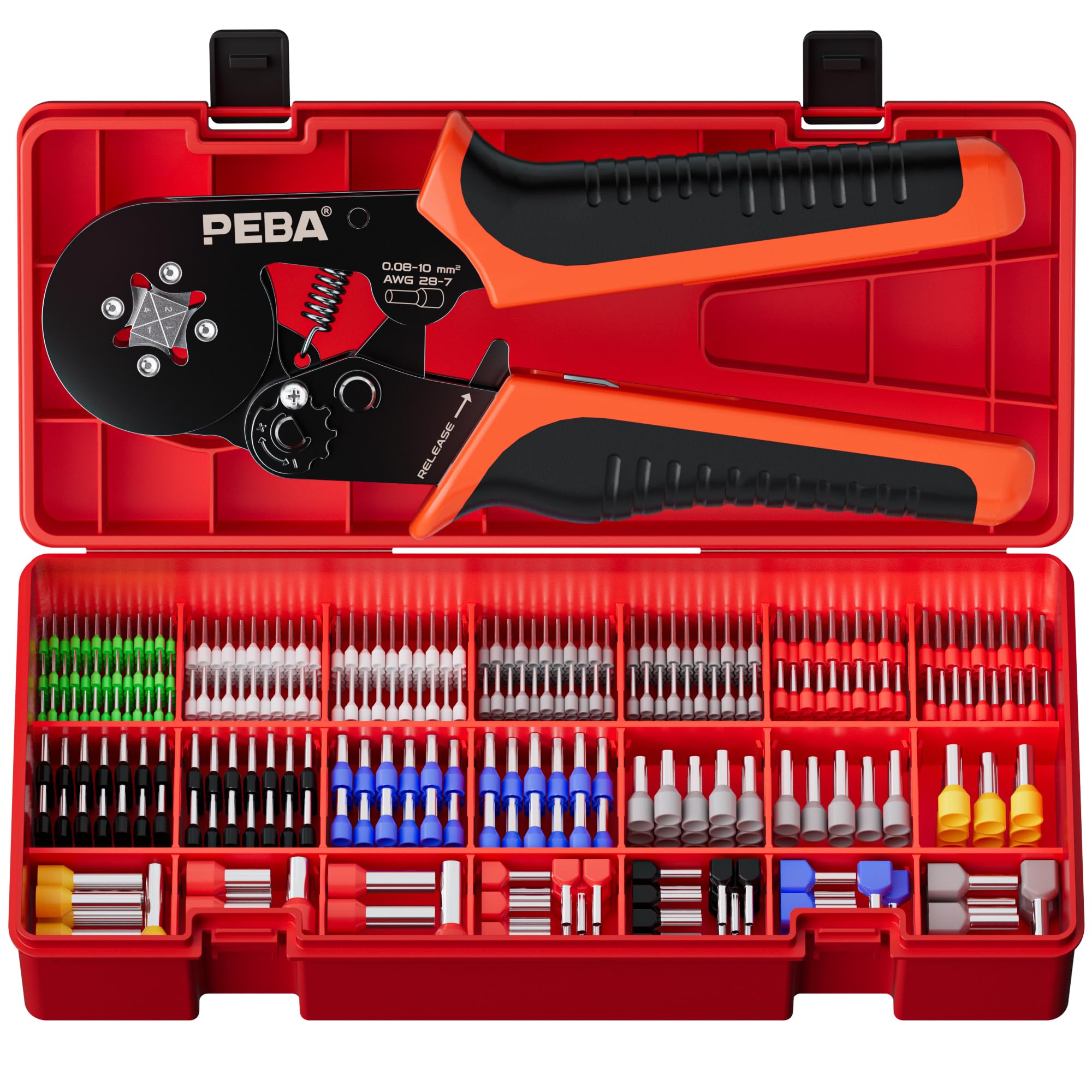 PEBA Crimpzange Set Vierkant 0,08–10 mm², Aderendhülsenzange inkl. 21 Größen Aderendhülsen (0,25–10 mm²) mit Twin-Hülsen & Längen 8–12mm, Crimpwerkzeug, Sortimentsbox, DIN 46228