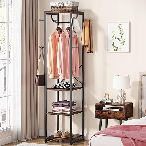 Miniatura 3 de Tribesigns Perchero independiente con estantes, árbol industrial con 4 estantes y 8 ganchos, pequeño perchero organizador de armario para entrada,