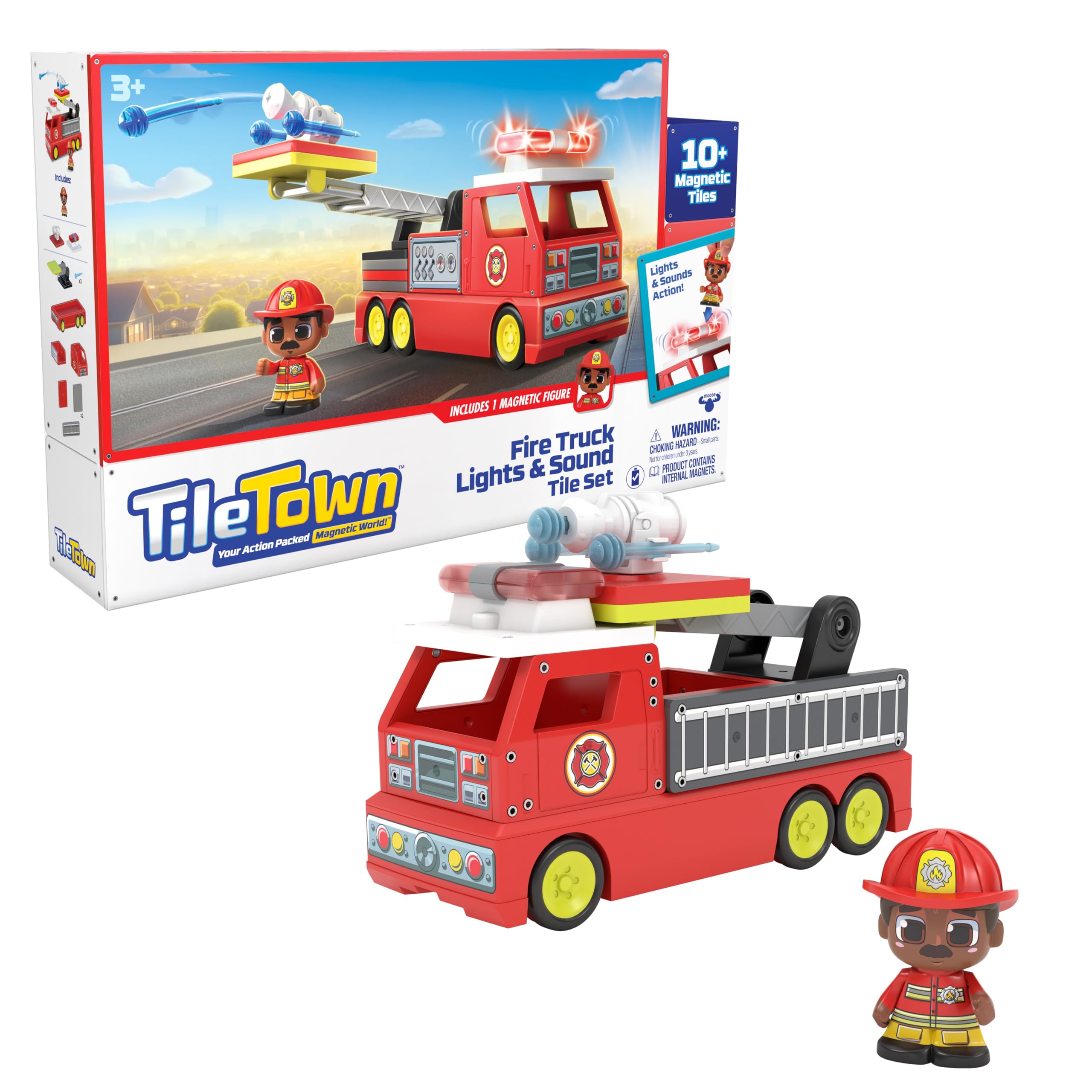 TILE TOWN Firetruck Magnetic Tiles Building Vehicle Playset With Lights & Sounds + Figure, Kids 3-5+