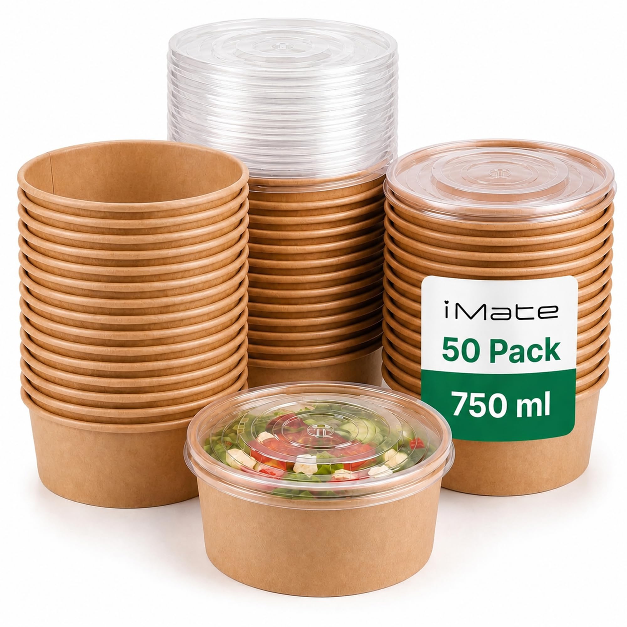 iMate 750ml Kraft Paper Bowls with Lids, Leak-Resistant Takeaway, 50 Pack