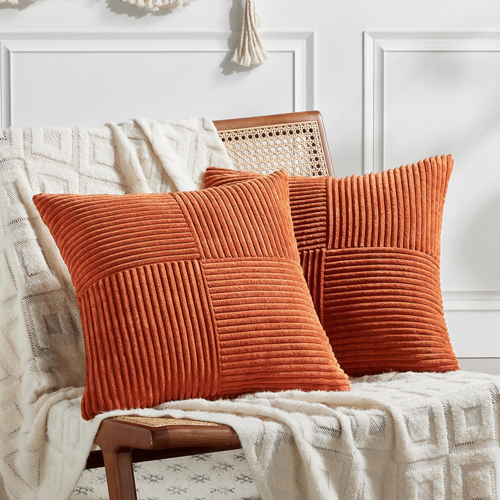 Fancy Homi Set of Burnt Orange Decorative Throw Pillow Covers 18x18 Inch  for Living Room Couch Bed, Boho Farmhouse Fall Home Decor, Soft Textured