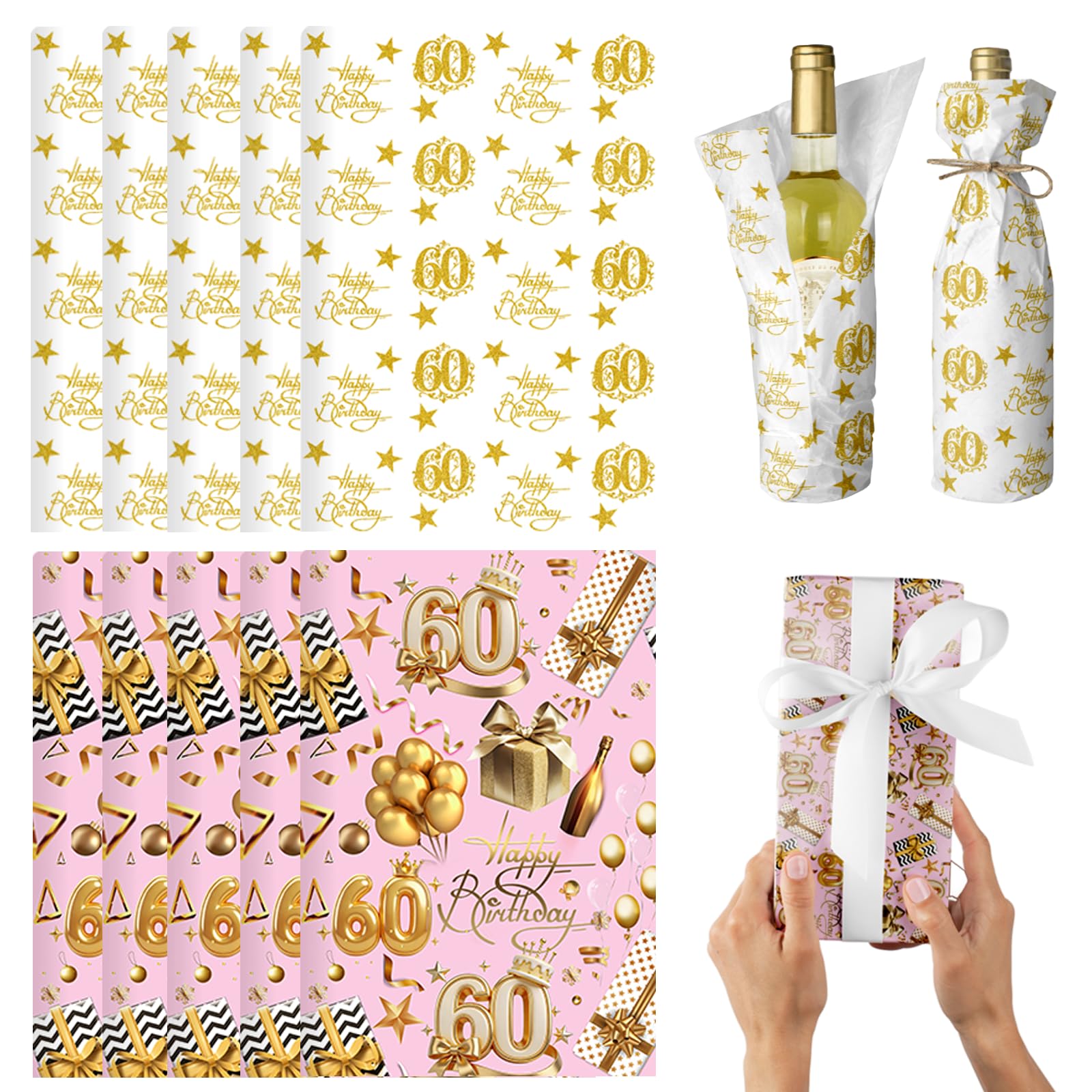 POPOYU 10 Pcs 60th Birthday Wrapping Paper,35x50cm Gift Wrapping Paper Sheets for 60thBirthday,Rose Gold Gift Wrapping Paper Sheets for 60thBirthday,Happy Birthday Wrapping Paper for Birthay Gift Wrap