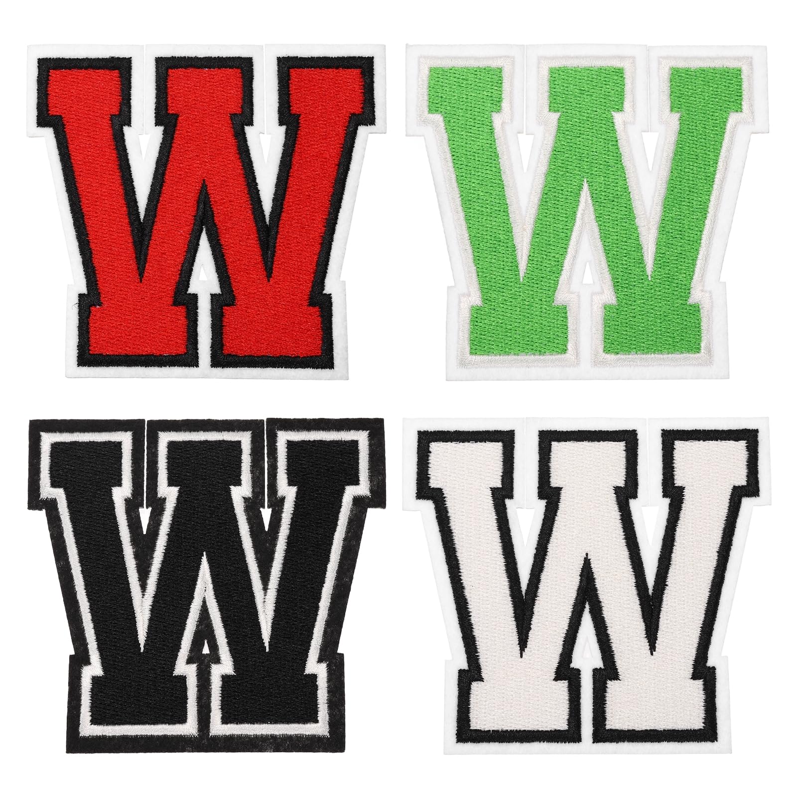 sourcing map 4 Pcs 3 Inch Iron-on Letters Patches, Letter W Embroidered Alphabet Appliques for Clothes Jacket Dress Hat Backpacks DIY Accessories, Green/Red/White/Black
