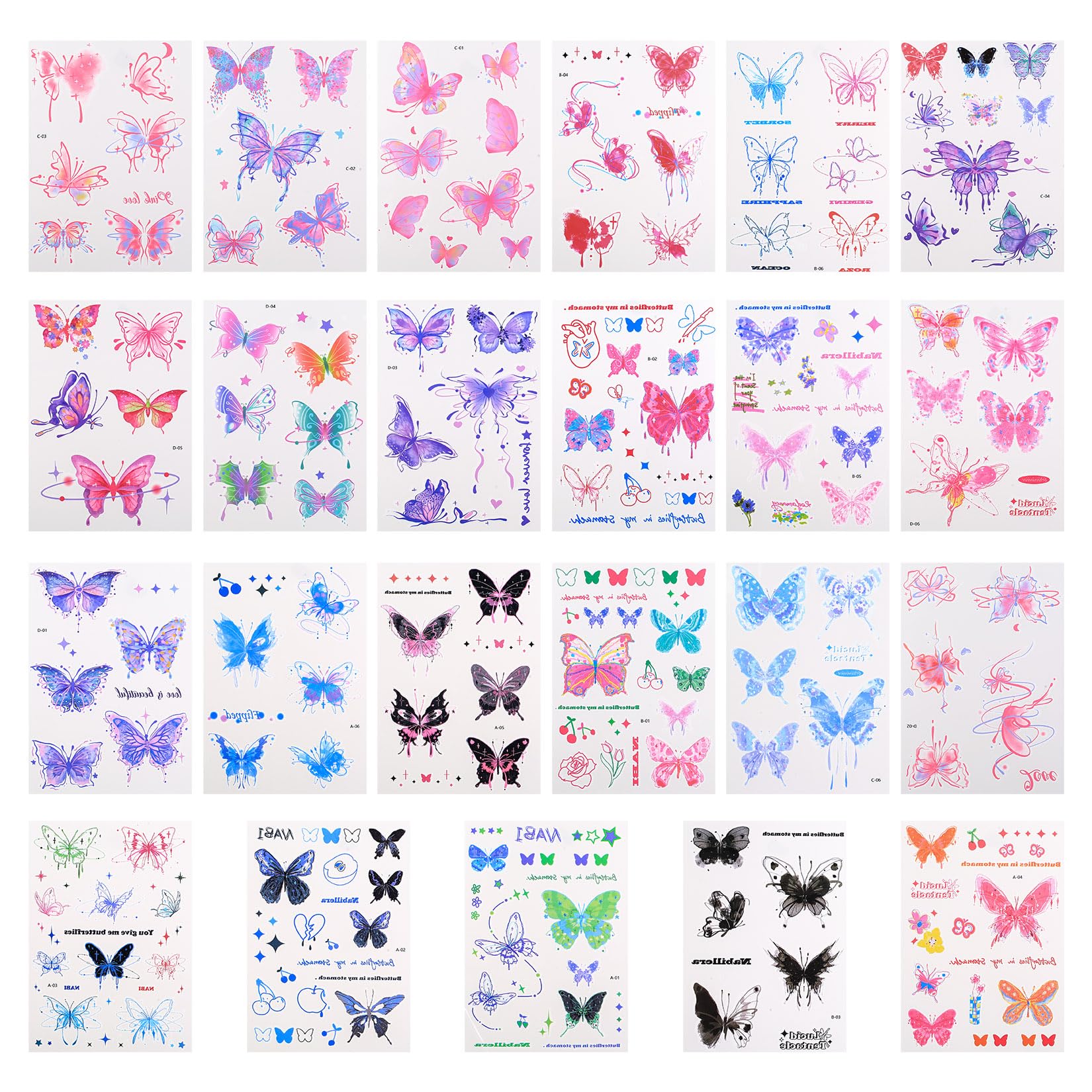 24 Blätter Temporäre Tattoos für Kinder, Schmetterlings Tattoo, Schmetterling Tattoos Kinder, für Mitgebsel Kindergeburtstag Adventskalender Füllung Gesicht Körper Geburtstagsfeier Karneval