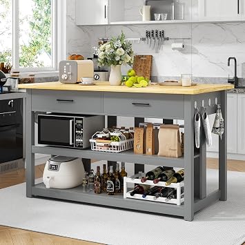 DynJest 47.3" Solid Rubberwood Kitchen Island with Power Outlets - Extra Large Work Surface, 2 Drawers & Open Shelves Storage Cabinet for Kitchen Dining Room, Farmhouse Style Grey