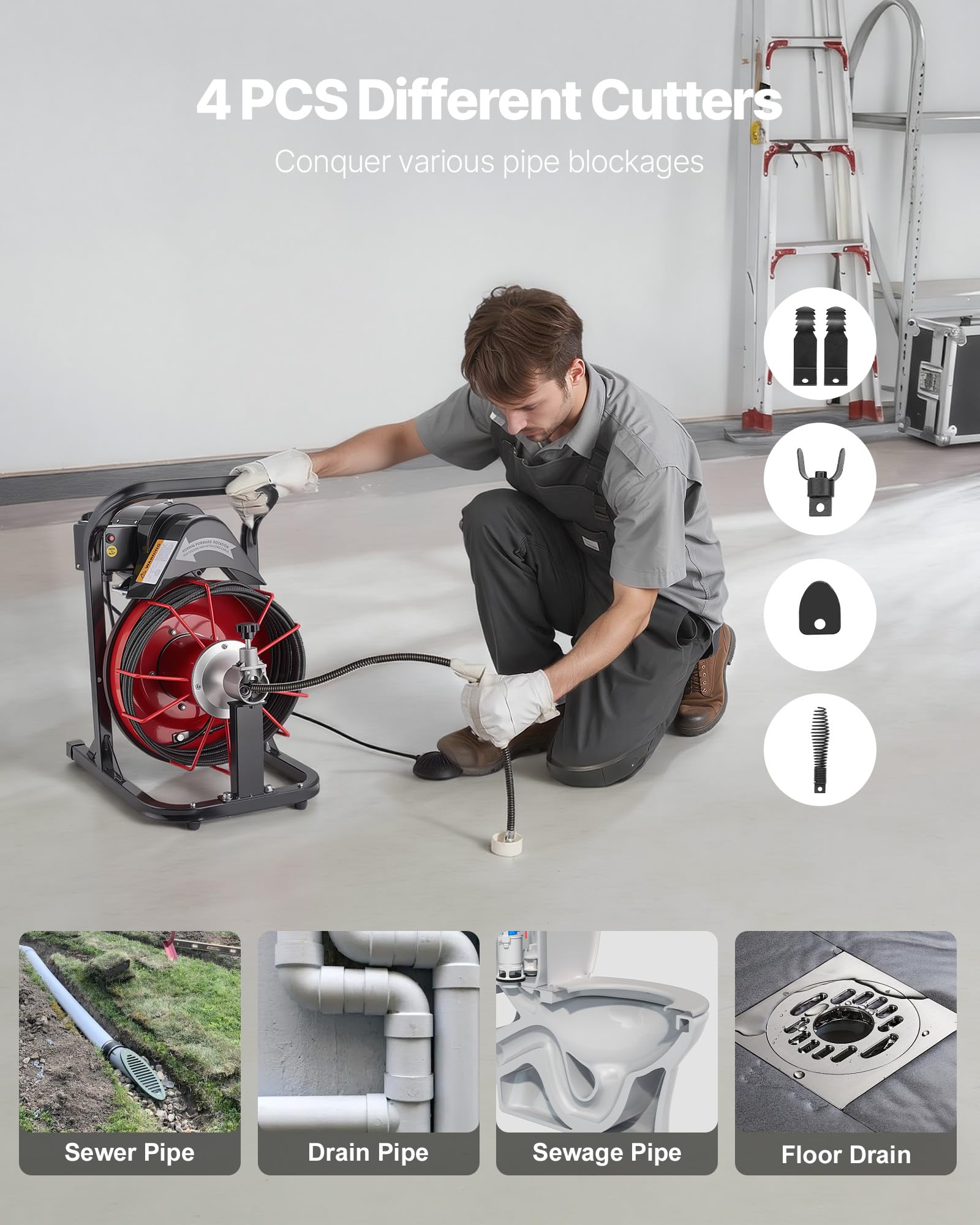 VEVOR Desatascador de Desagües Eléctrico 15m x 8mm Máquina de Limpieza de Tuberías con Alimentación Automática Interruptor de Pedal Neumático Limpiador de Tubos de Drenaje para Tuberías de 5-10 cm
