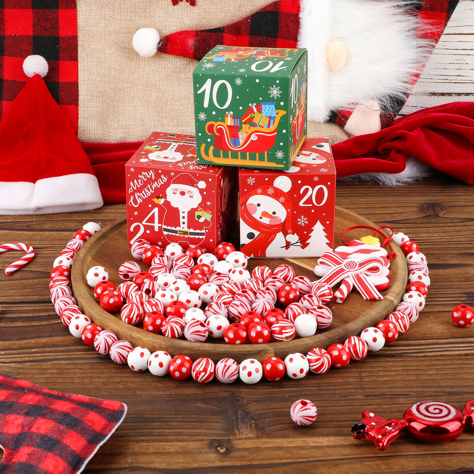 100 Perline Di Natale In Legno Rosse E Bianche: Kit Fai Da Te Con Spago Per Decorazioni Artigianali (Foro 4mm)