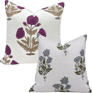 Boho Handmade Block Print Thick Cotton White Fabric 14x14 Inch Throw Vintage Pillowcase Cushion Cover Home Decor for Sofa Couch, Bedroom, Living Room, Office & Hotels Combo Pack of 2