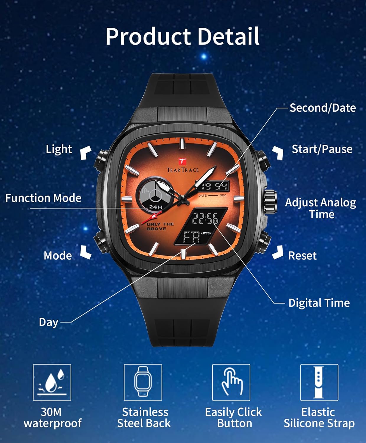 Men’s Watches Analog Digital Quartz Waterproof Sport Watches for Men Chronograph Alarm Multifunctional Wrist Watch with Silicone Strap