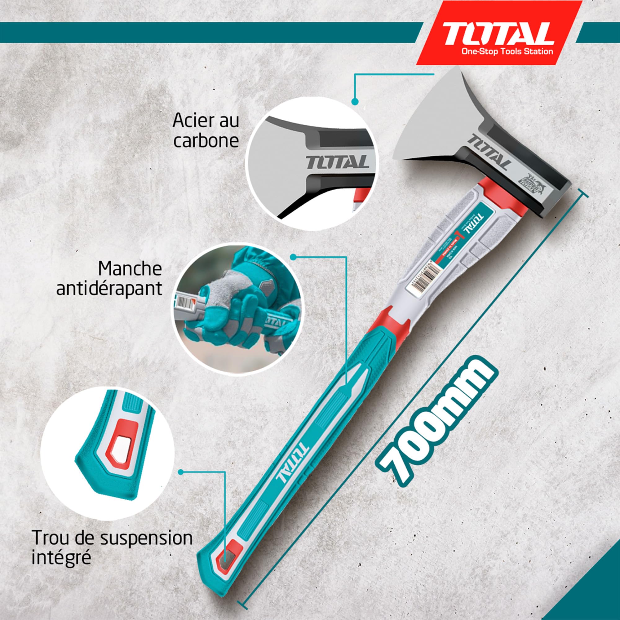 Total - Hache avec Manche en Fibre | Lame en Acier au Carbone | Prise en Main Confortable et Coupe précise | pour Bricolage, Camping et Jardinage | Poids : 1250 g