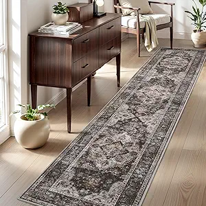 AMOAMI-2X10 Runner Rug-Washable Runners for Hallways-Soft Non Slip Bedside Rugs for Bedroom-Vintage Long Rug for Hallways Entryway Laundry Room Stair Kitchen Bathroom Brick/Brown