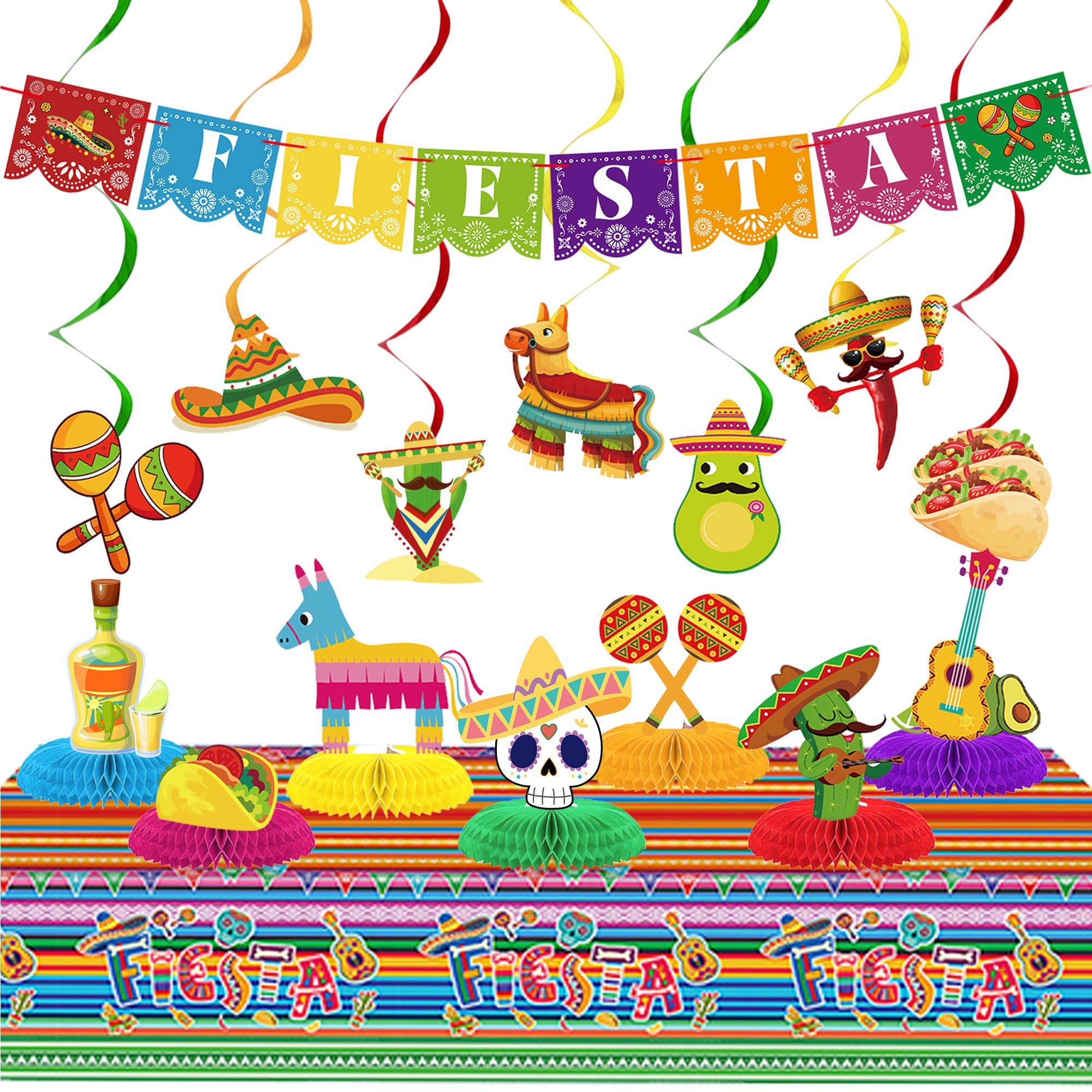 Fiesta Mexican Party Decorations Set - Fiesta Banner, Hanging Swirls, Honeycomb Centerpieces Mexico Tablecloth for Cinco De Mayo, Taco Tuesday,