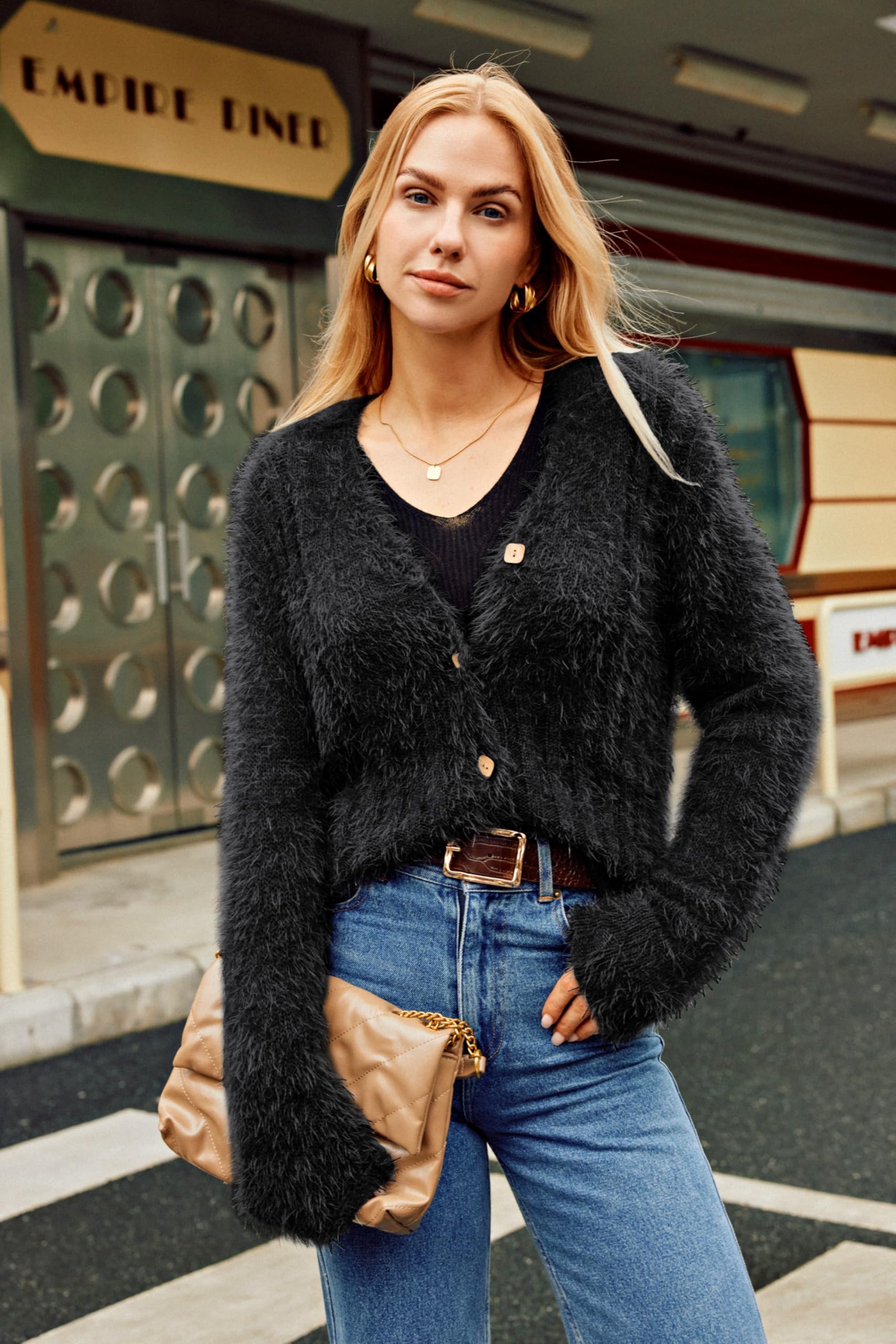 GRACE KARIN Cardigan da Donna a Maniche Lunghe con Scollo a V Corto Abbottonato Morbido e Accogliente Autunno Inverno Maglione Lavorato a Maglia Elegante Casual Giacca a Spalla Top