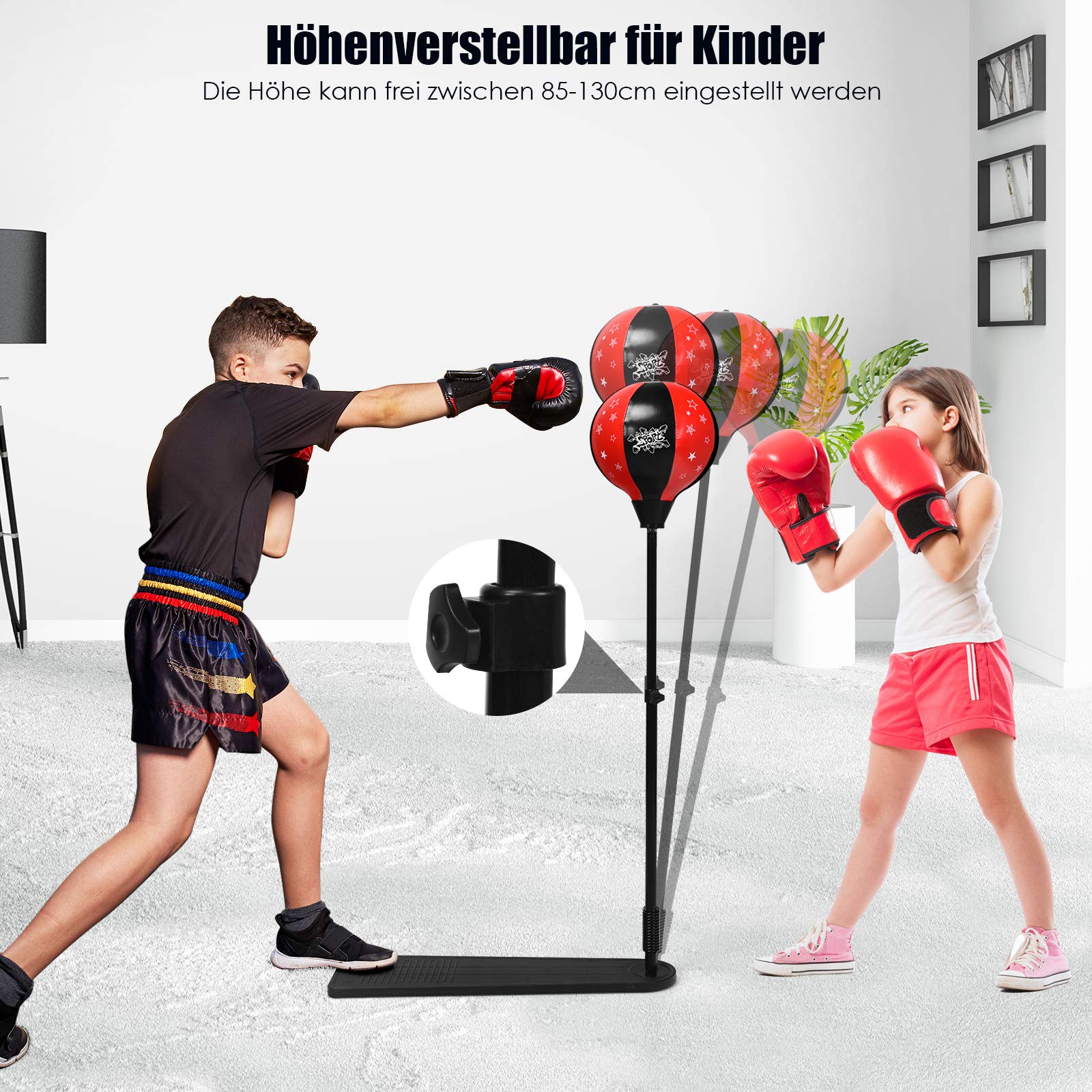 GOPLUS Juego de saco de boxeo con guantes de boxeo y bomba de mano, pelota de boxeo con soporte estable y pedal antideslizante, altura regulable de 85 a 130 cm, para niños y jóvenes a partir de 8 años