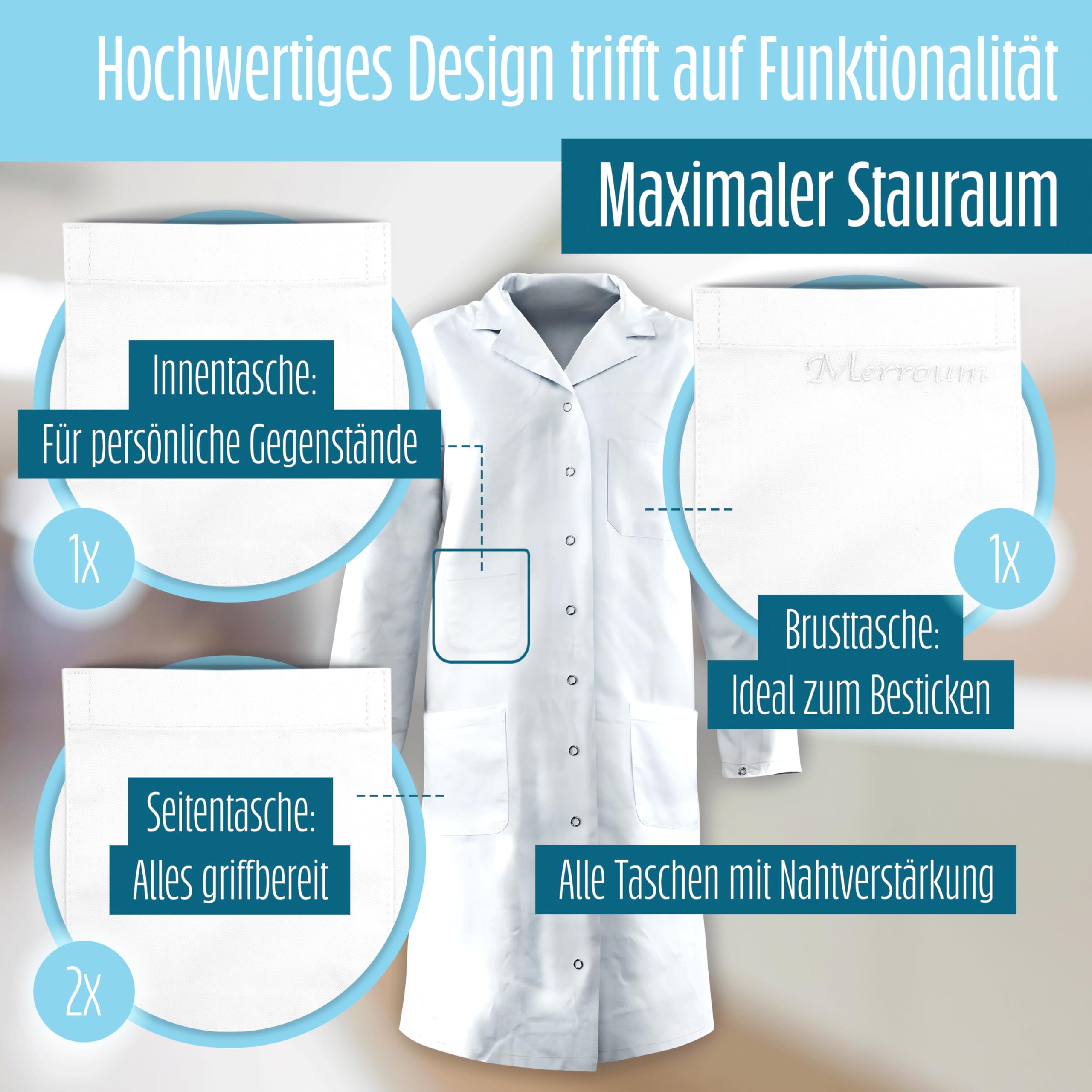 Bata de laboratorio blanca 100% algodón (200 g/m²) con múltiples bolsillos para laboratorios, hospitales, profesiones médicas, estudiantes, escuelas, para hombres y mujeres.