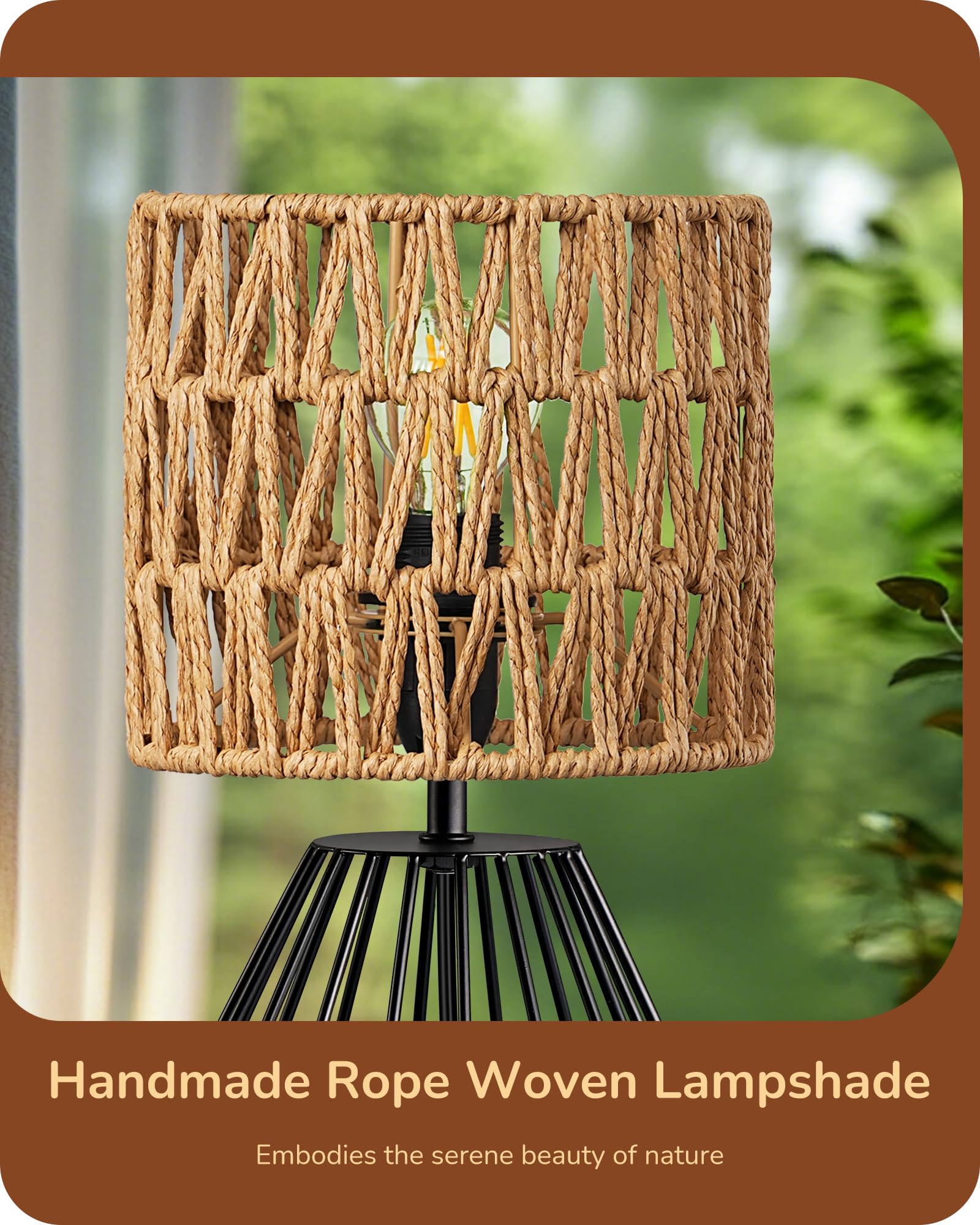 EDISHINE Small Rattan Table Lamp, Industrial Bedside Lamp, Handwoven Lampshade, Boho Lamps for Living Room Bedroom - Image 3