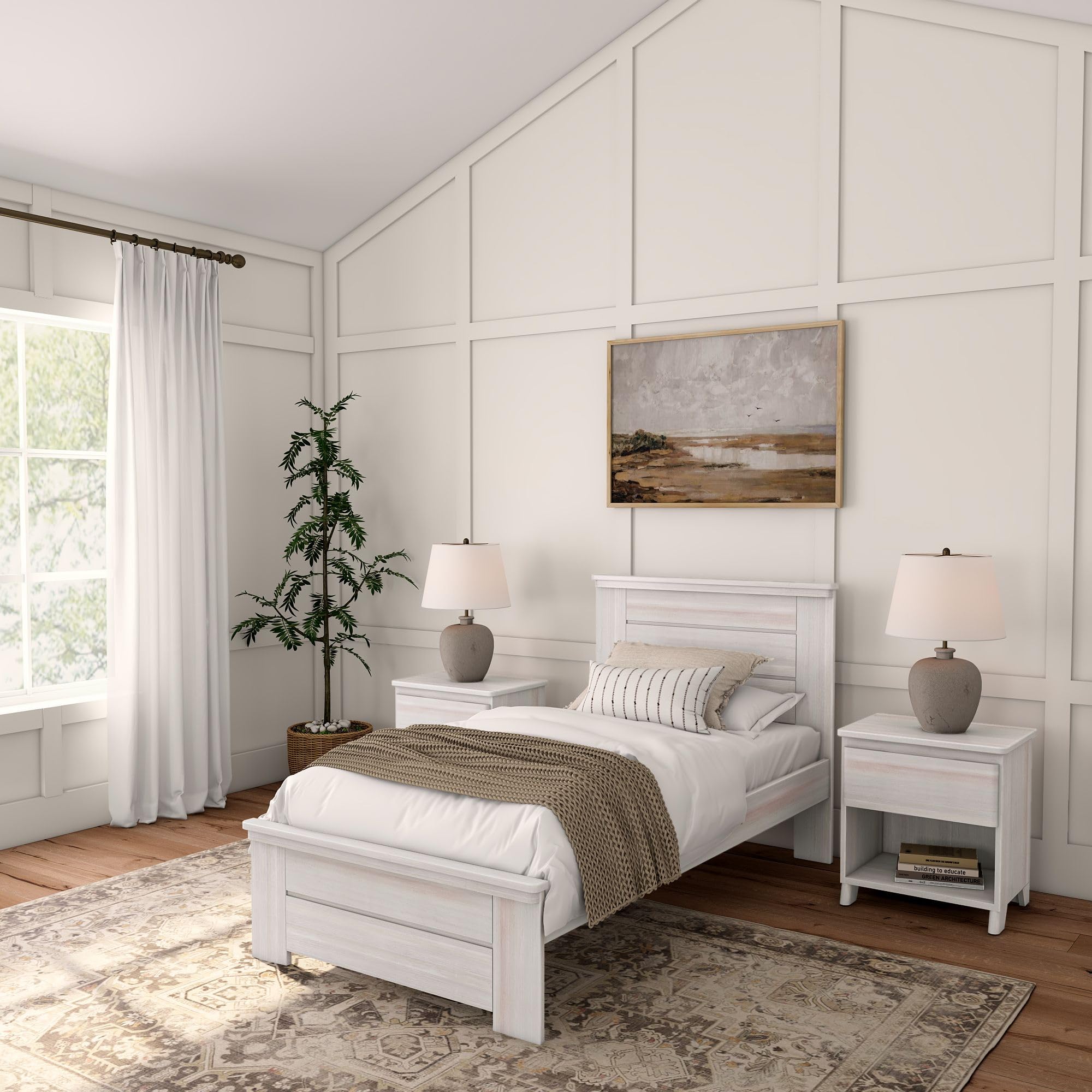 Plank+Beam Rustic Wood Twin Bed Frame, Platform Bed with Headboard, Solid, White Wash