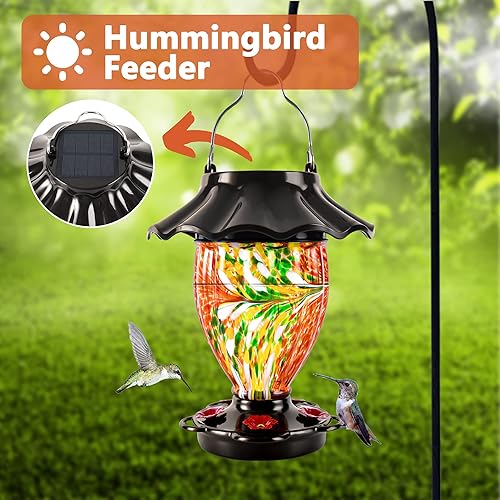 Miniatura 8 de LUJII Comedero solar para colibríes para colgar en el exterior, vidrio soplado a mano en forma de trofeo, resistente a la intemperie, linterna