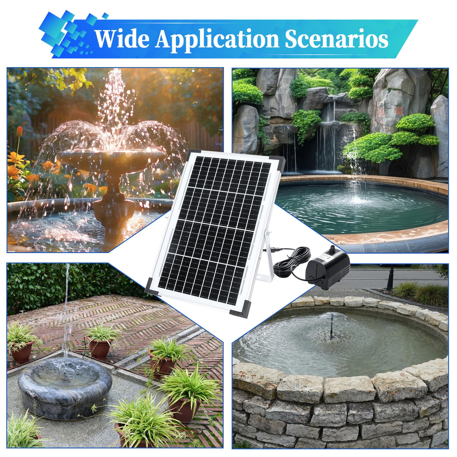 Fuente solar de estanque de 10 W, bomba solar de estanque de 1350 l/h con cable de alimentación de 16.4 pies, bomba de fuente de agua solar para estanques de jardín, piscina Características del agua