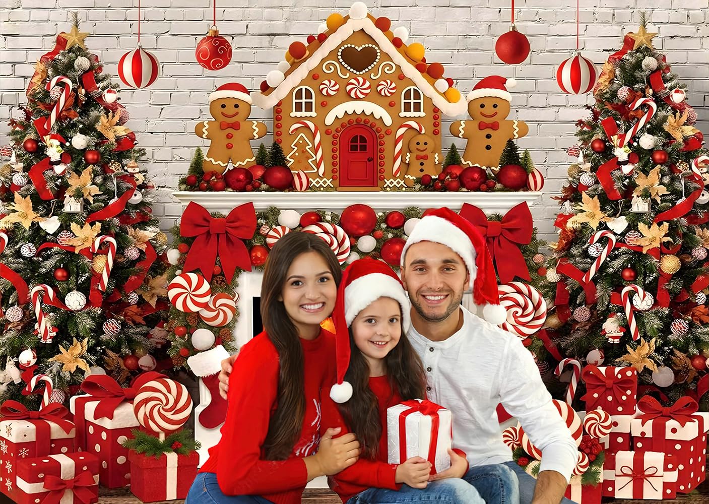 Świąteczne tło fotograficzne 3 x 2,5 m, biała cegła kominek trzcina cukrowa dom piernik Xmas skarpety zimowe fotografia tło Boże Narodzenie rodzina impreza dekoracja banery rekwizyty
