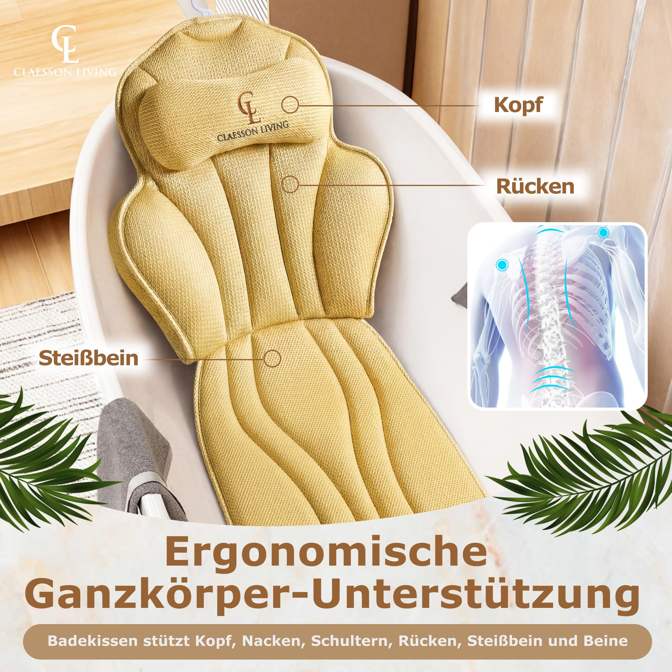 Badewannenkissen Ganzkörper Badekissen (152x56cm) - Badewannenmatte mit Kopfstütze (11cm) unterstützt Nacken, Rücken und Beine - Mit Wasch- und Reisebeutel und einem Hängehaken für Trocknen - Sand
