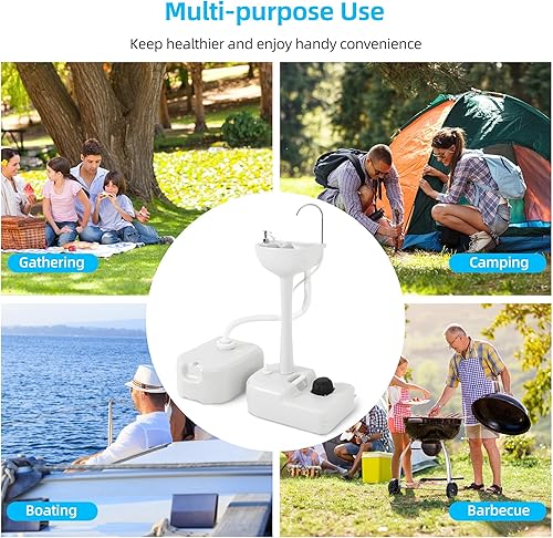 Miniatura 7 de YITAHOME Fregadero portátil para acampar, estación de lavado de manos, soporte de lavabo de 17 L con tanque de recuperación de 24 L, ruedas