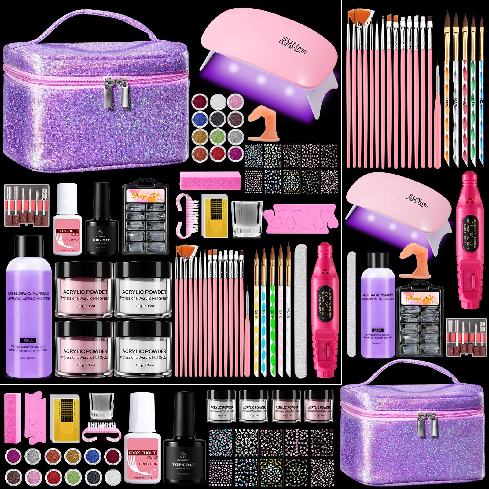 Kit de démarrage pour ongles en acrylique pour débutants : 4 couleurs de poudre acrylique pour ongles avec doigt d'exercice, lampe et ponceuse à ongles - Poudre acrylique pour ongles à faire soi-même
