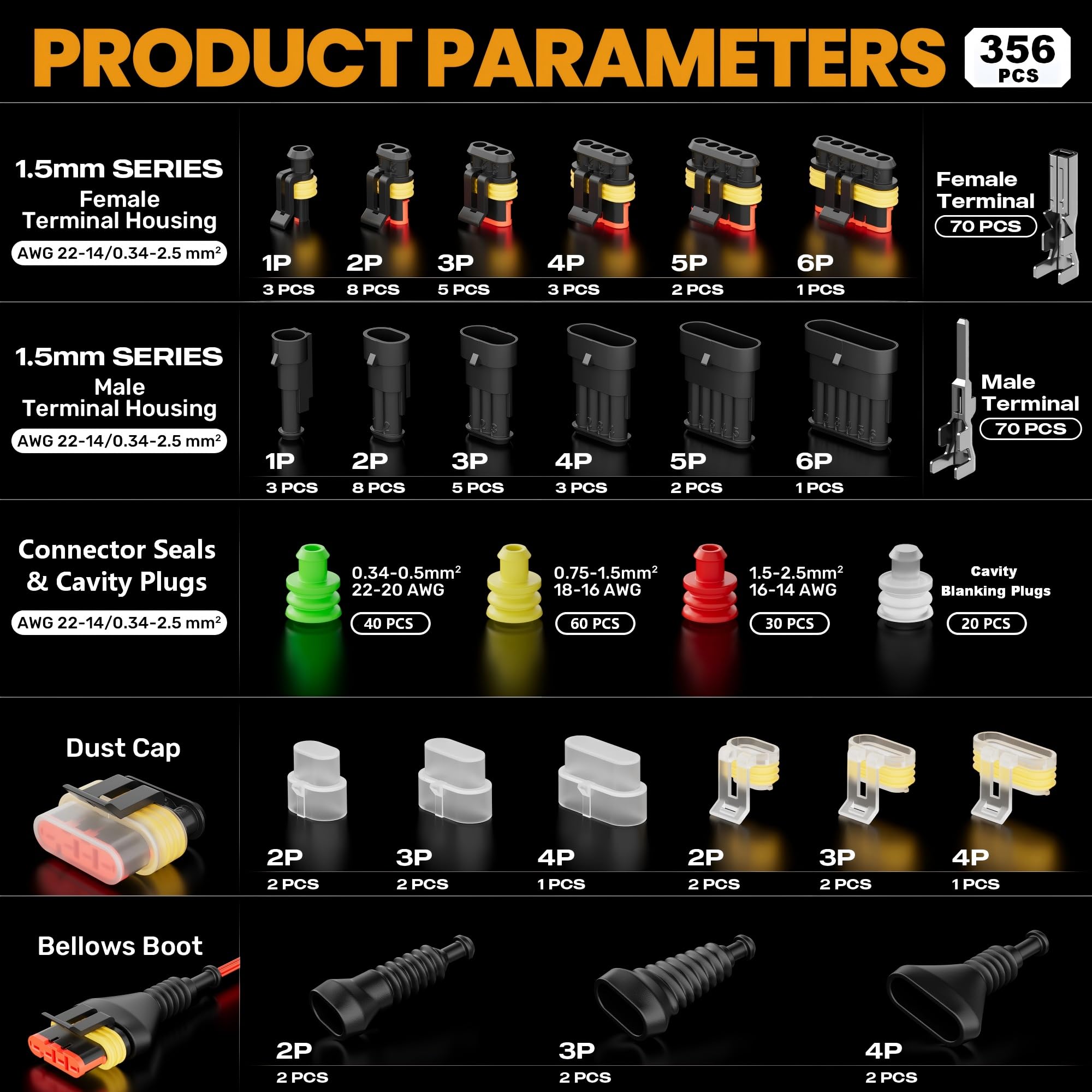 SOMELINE Crimpadora y Kit Conectores Eléctricos Estancos 1-6 Pines, 0,34-2,5mm² (AWG 22-14), Compatible Superseal 1.5, con Pelacables y Herramienta de Extracción, para Coche Moto Barco Camión