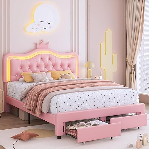 Keyluv Full Upholstered LED Bed Frame with Storage Drawer, Leather Princess Platform Bed with Adjustable Crystal Button Tufted Crown Headboard, Solid Wooden Slats Support, No Box Spring Needed, Pink