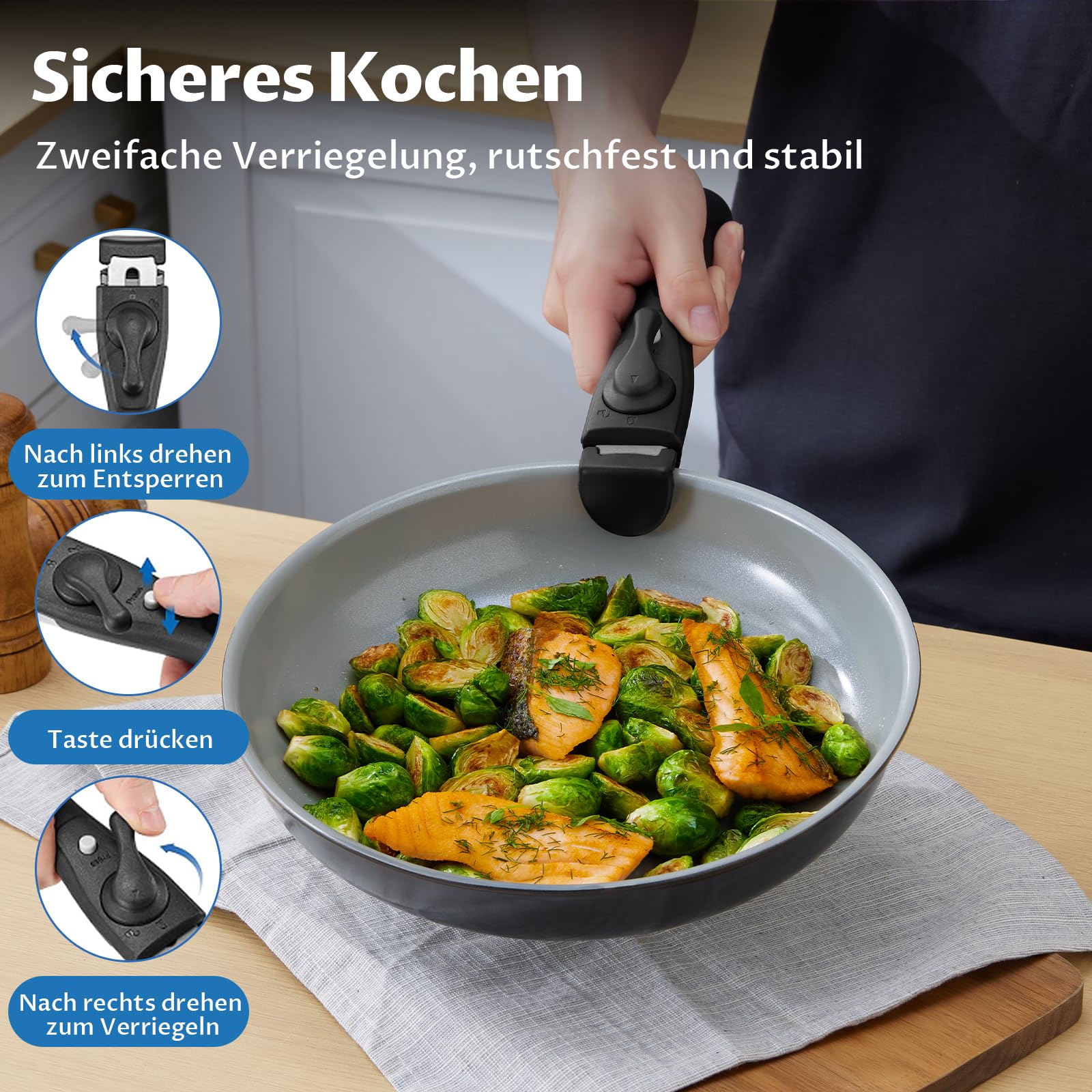 BEZIA Pfannen und Topfset mit abnehmbarem Griff, 13-tlg. Topf- & Pfannenset | Stapelbares Keramik Kochgeschirrset Induktion für Gesundes Kochen, PFAS/PTFE-frei, Ofenfest & Platzsparend für Küche/Camping