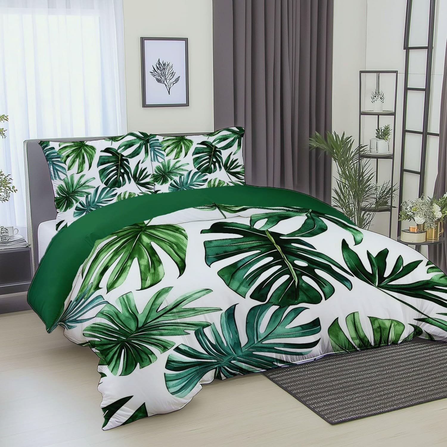 Dwustronna poszwa na kołdrę Pojedyncze liście Akwarela Miękki i łatwy w pielęgnacji zestaw pościeli 240 x 220 cm z 2 poszewkami na poduszki z mikrofibry dla dzieci Nastolatki Dorośli Zielony