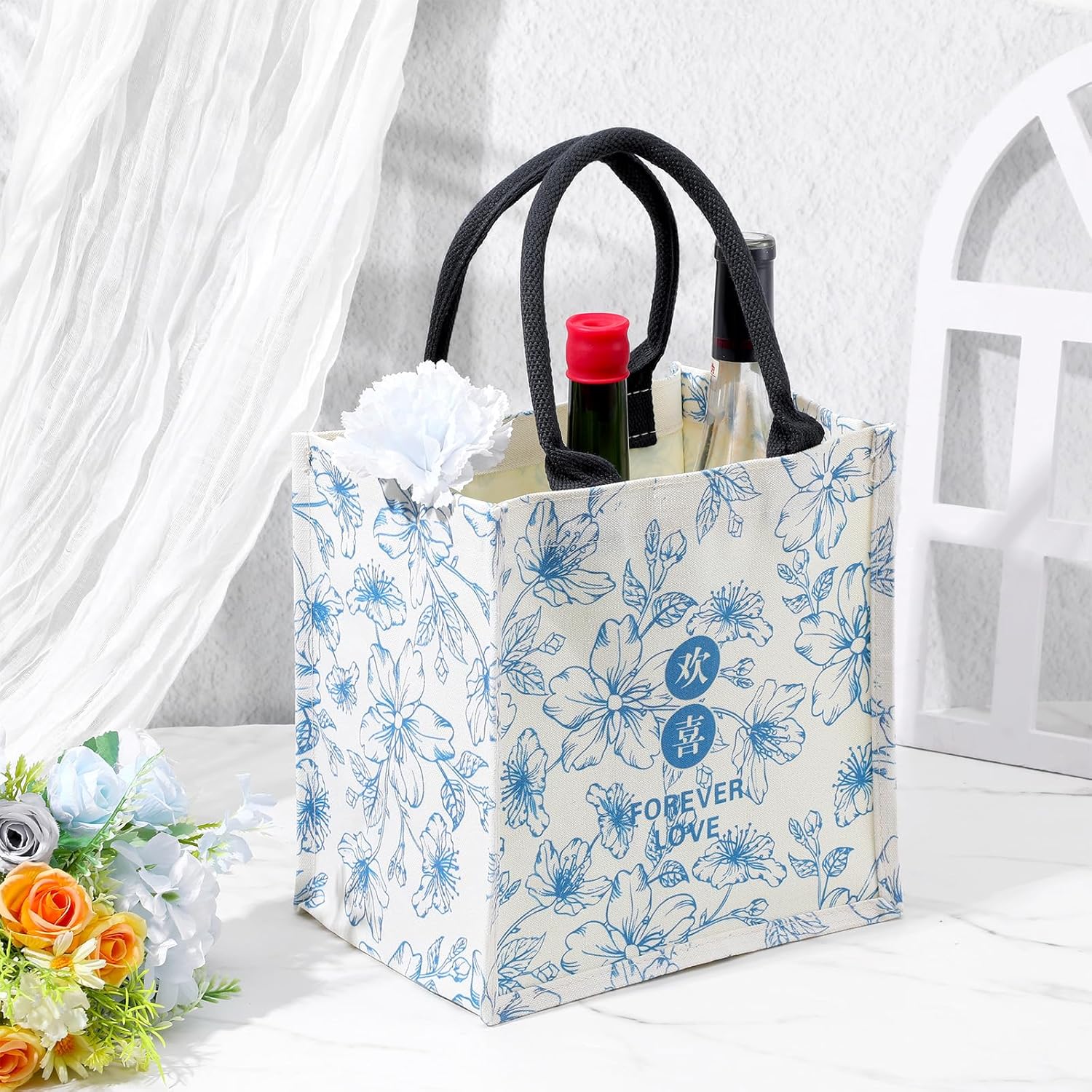 6 Pcs Bridesmaid Bags Blue White Vintage Floral Burlap Tote Bridal Party Gift Bags Reusable Jute Tote with Handles Medium for Wedding Day Engagement DIY Shopping Bridal Shower - Image 3
