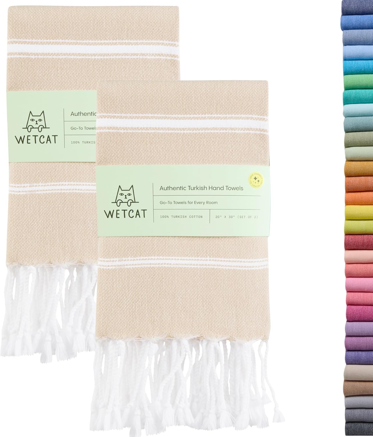 WETCAT Turkish Hand Towels with Hanging Loop, Set of 2 (20" x 30") 100% Turkish Cotton, Pre-Washed, Quick Drying, for Kitchen or Bathroom - Beige