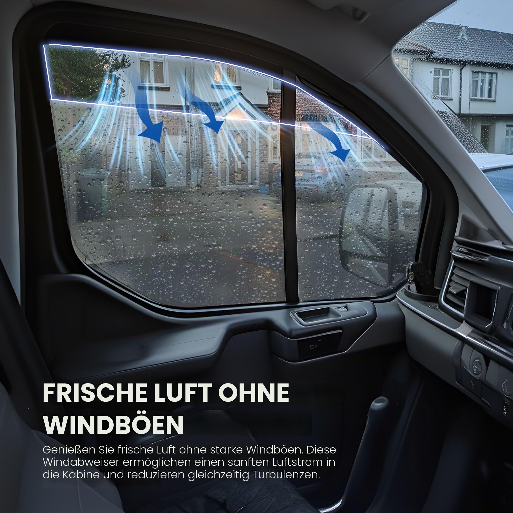 Passend für: Ford Transit Custom 2023+ Windabweiser & VW Transporter T7 (2025+) Scheibenabweiser – 2-teiliges externes Set, getönt, Premium-Aufklebe-Windabweiser für Fahrer und Beifahrer, Reduzierung