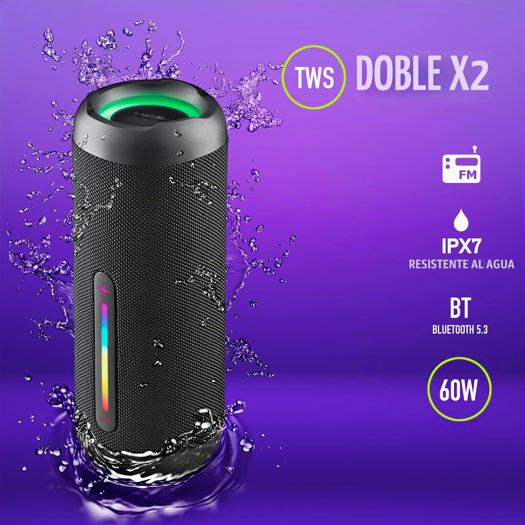 NGS Roller Furia 3 Black - Altavoz Inalámbrico Compatible con Bluetooth, Impermeabilidad IPX7, 60 W, True Wireless, USB, Duración Batería 9 Horas, Negro