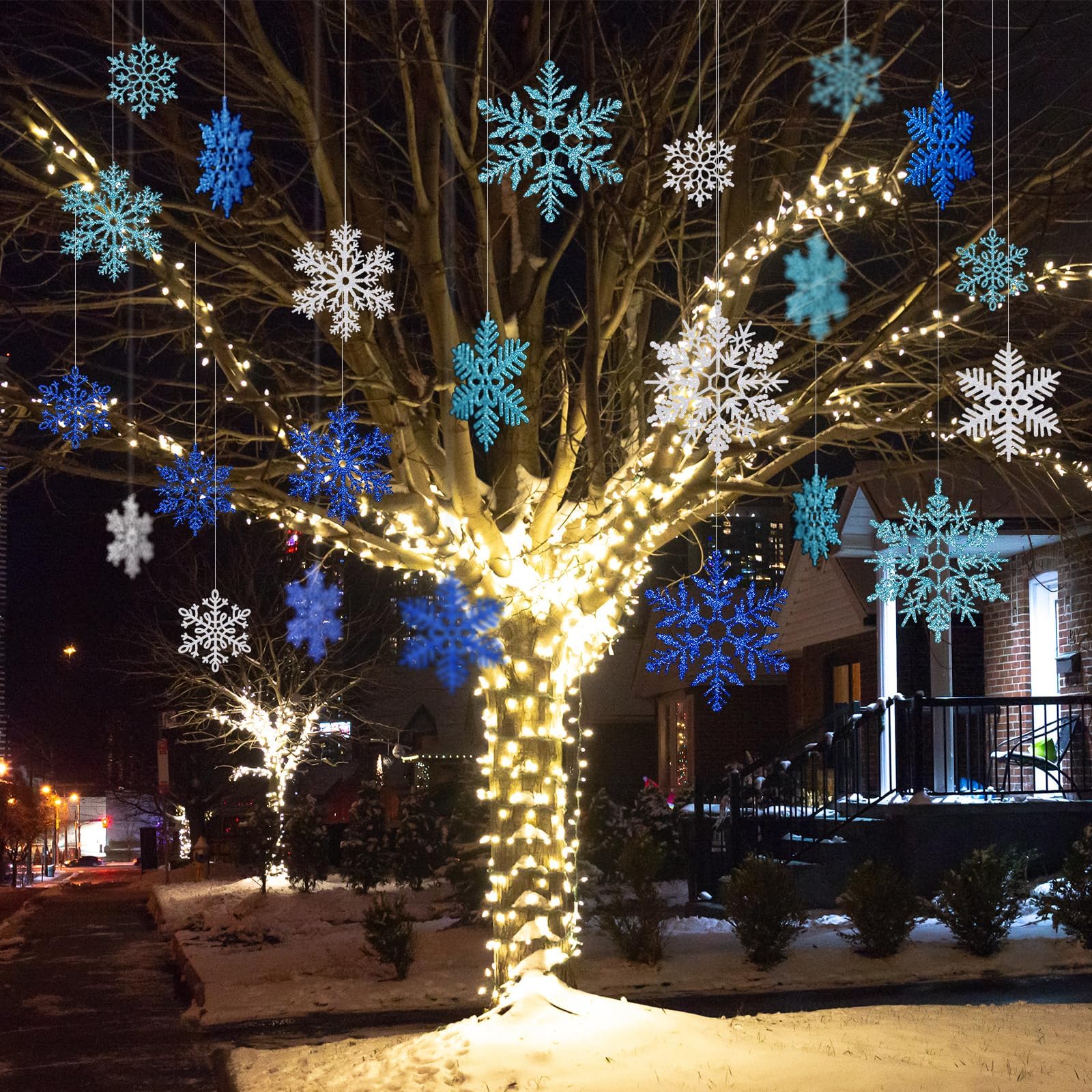 6 Stück 40 cm große Schneeflocken-Dekorationen – riesige hängende Schneeflocken, Kunststoff-Schneeflocken für Innen- und Außenbereich, Weihnachtsdekoration, Veranda- und Baumschmuck (weiß, blau,