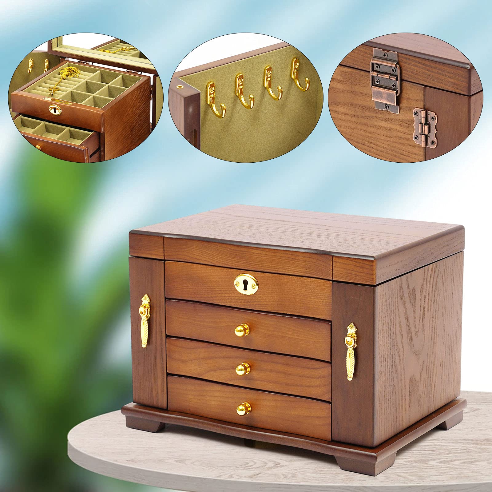 4 Schichten Schmuckschrank Schatulle Aus Holz Große Schmuck KäStchen Kasten AbschließBare Koffer Schaukasten Vitrine Lade Schmuckbox Gift Antike Mit Schloss Spiegel Abschließ Bar Braun