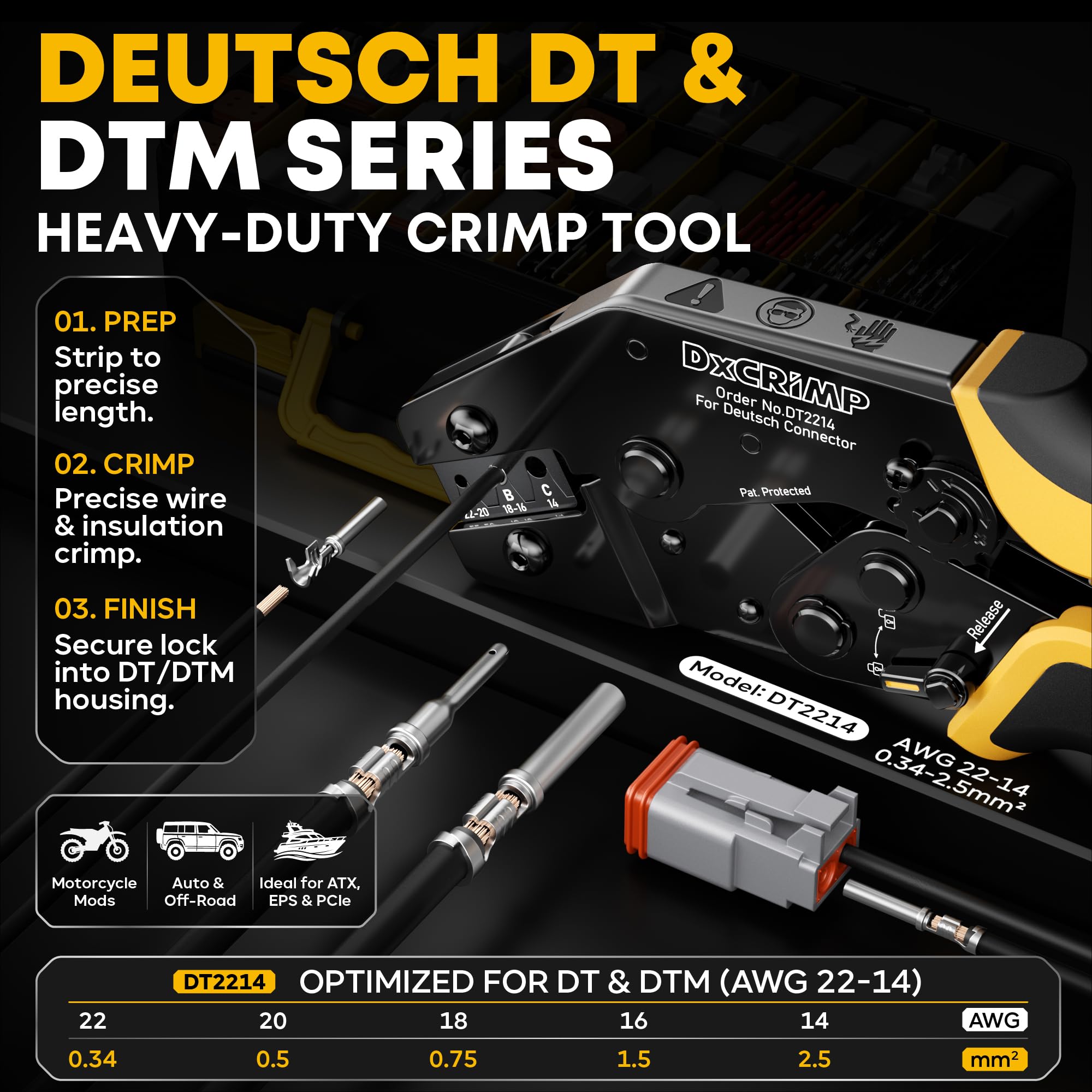 DxCRIMP DT & DTM - Set di connettori impermeabili per auto con pinza crimpatrice a 2/3/4/6 poli | Misura 16/20 contatti, pinza crimpatrice (0,34-2,5 mm²), spelafili e 2 strumenti di estrazione. IP68 per auto, moto e camion