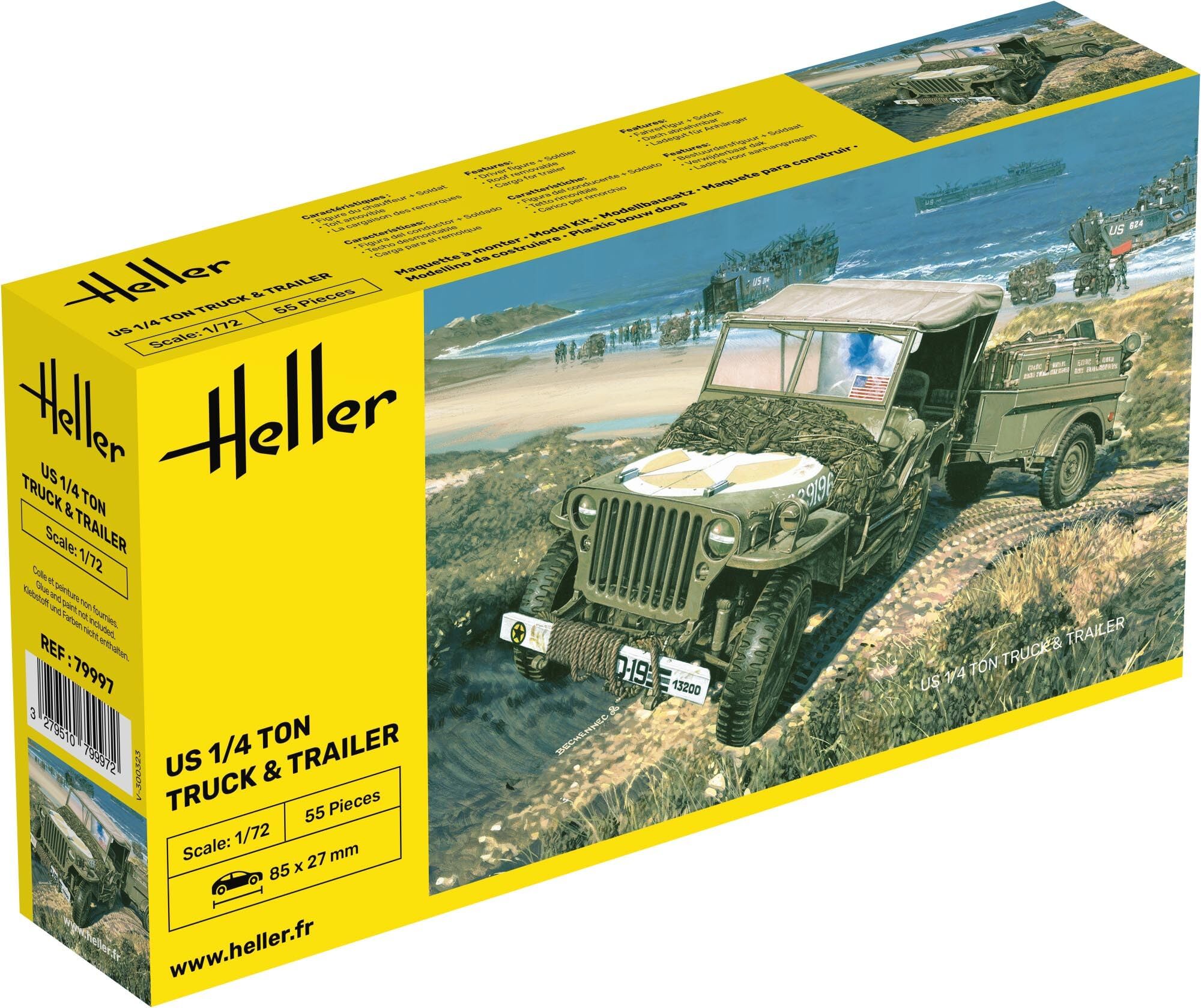 Heller HEL56997 US 1/4 Ton Truck Trailer 1:72 Model Kit New Old Stock